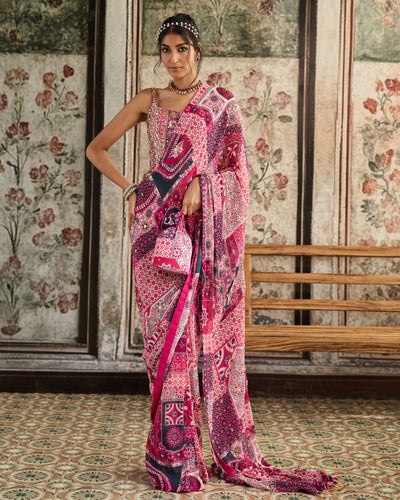 Fuchsia Print And Corset Blouse Pre-Draped Classic Sari Set