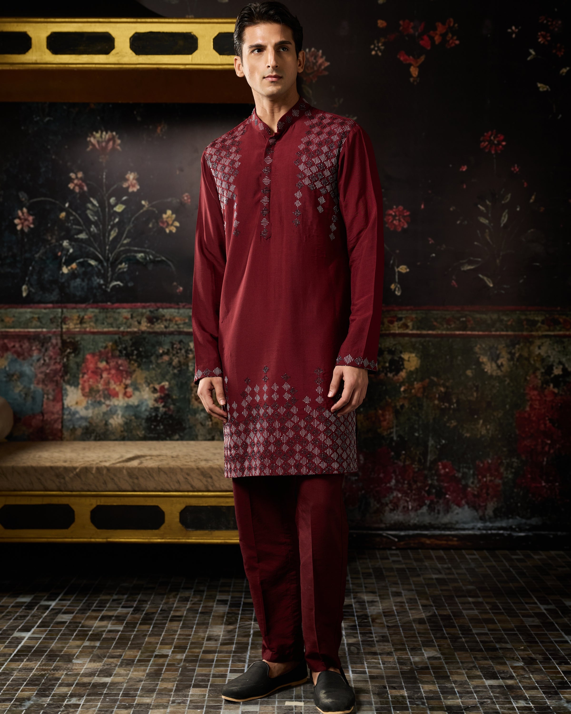 Maroon & Silver Embroidered Kurta & Pants Set