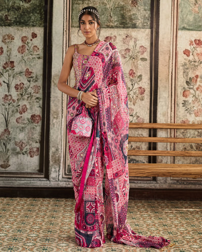 Fuchsia Print And Corset Blouse Pre-Draped Classic Sari Set