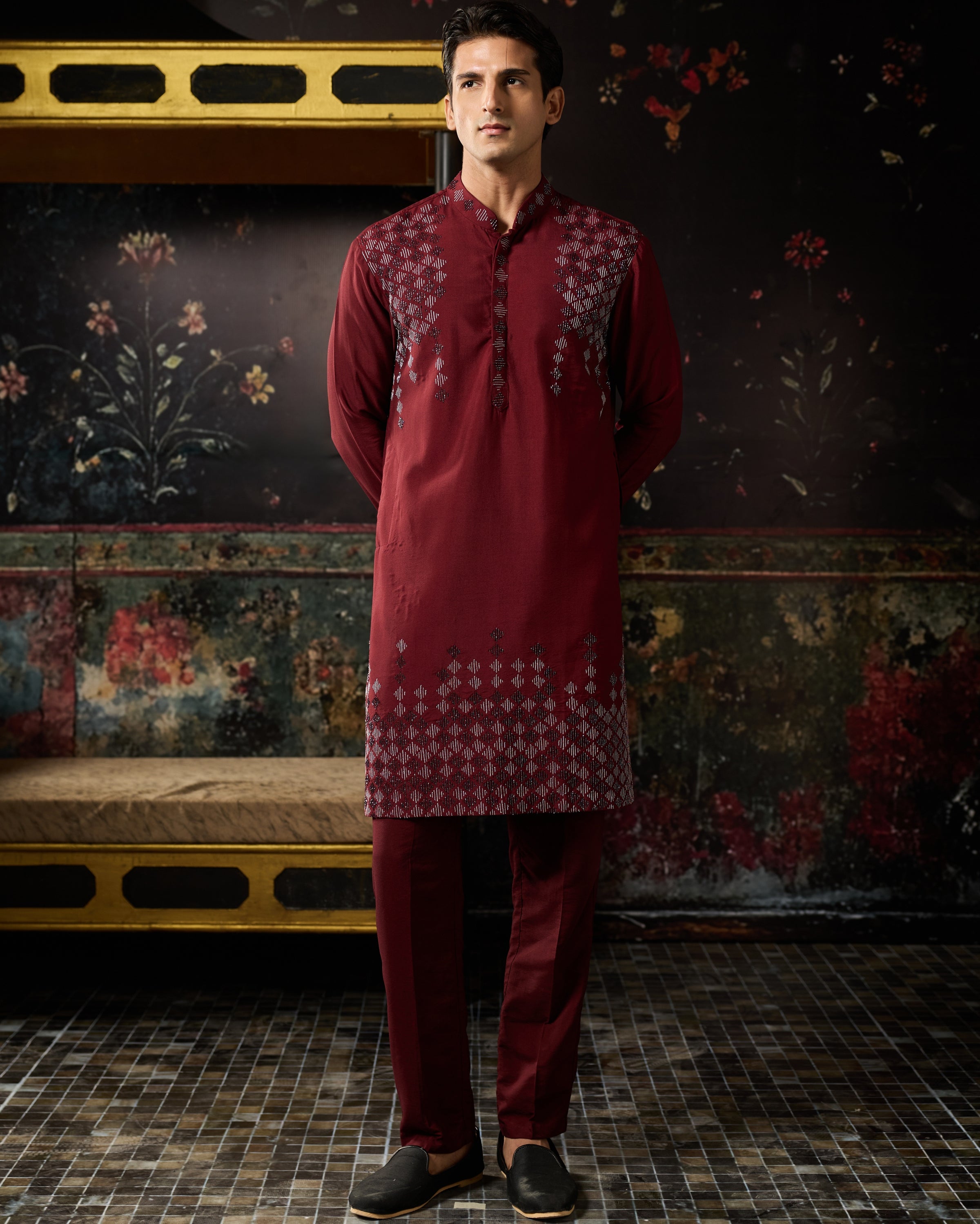 Maroon & Silver Embroidered Kurta & Pants Set
