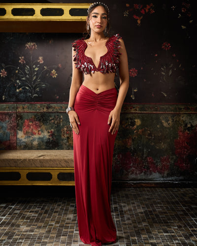 Deep Red Cutwork Blouse With Draped Skirt Set