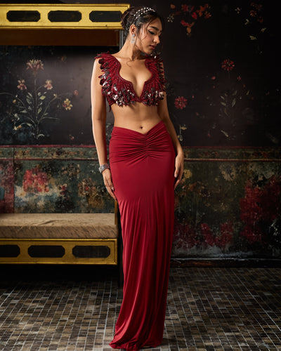 Deep Red Cutwork Blouse With Draped Skirt Set