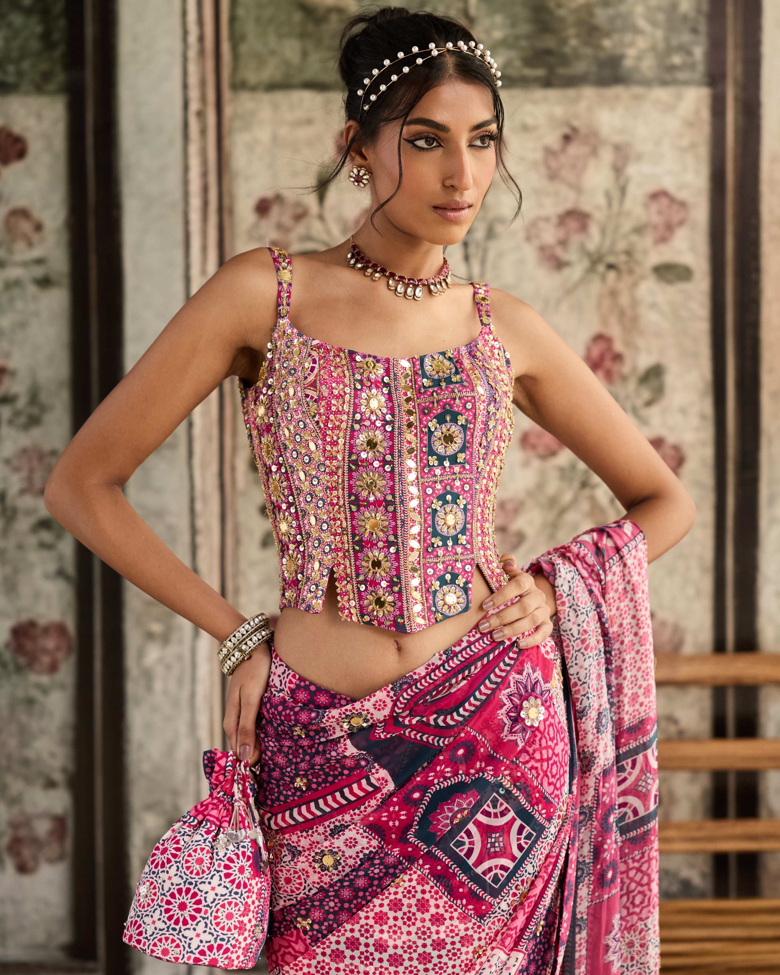 Fuchsia Print And Corset Blouse Pre-Draped Classic Sari Set
