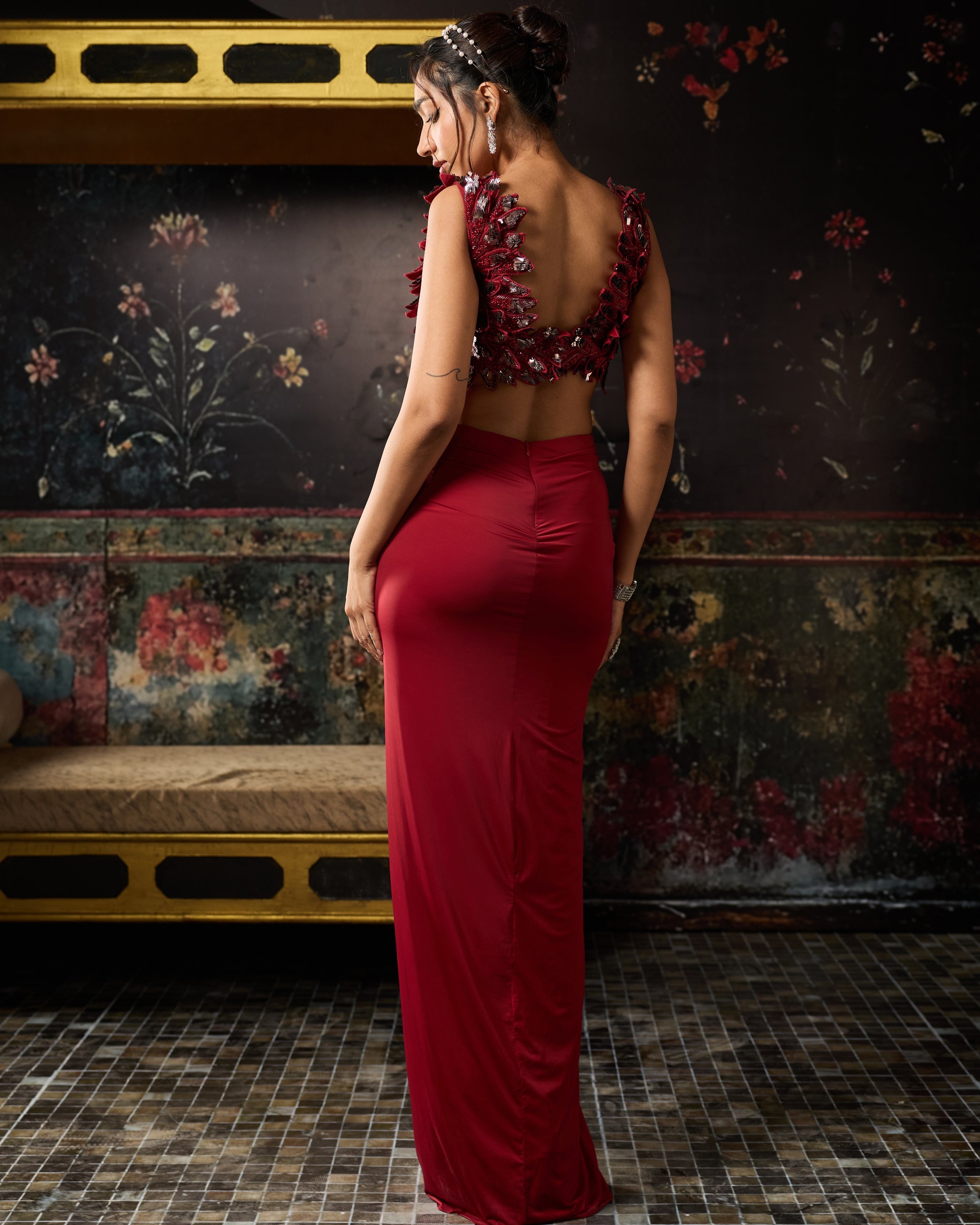 Deep Red Cutwork Blouse With Draped Skirt Set