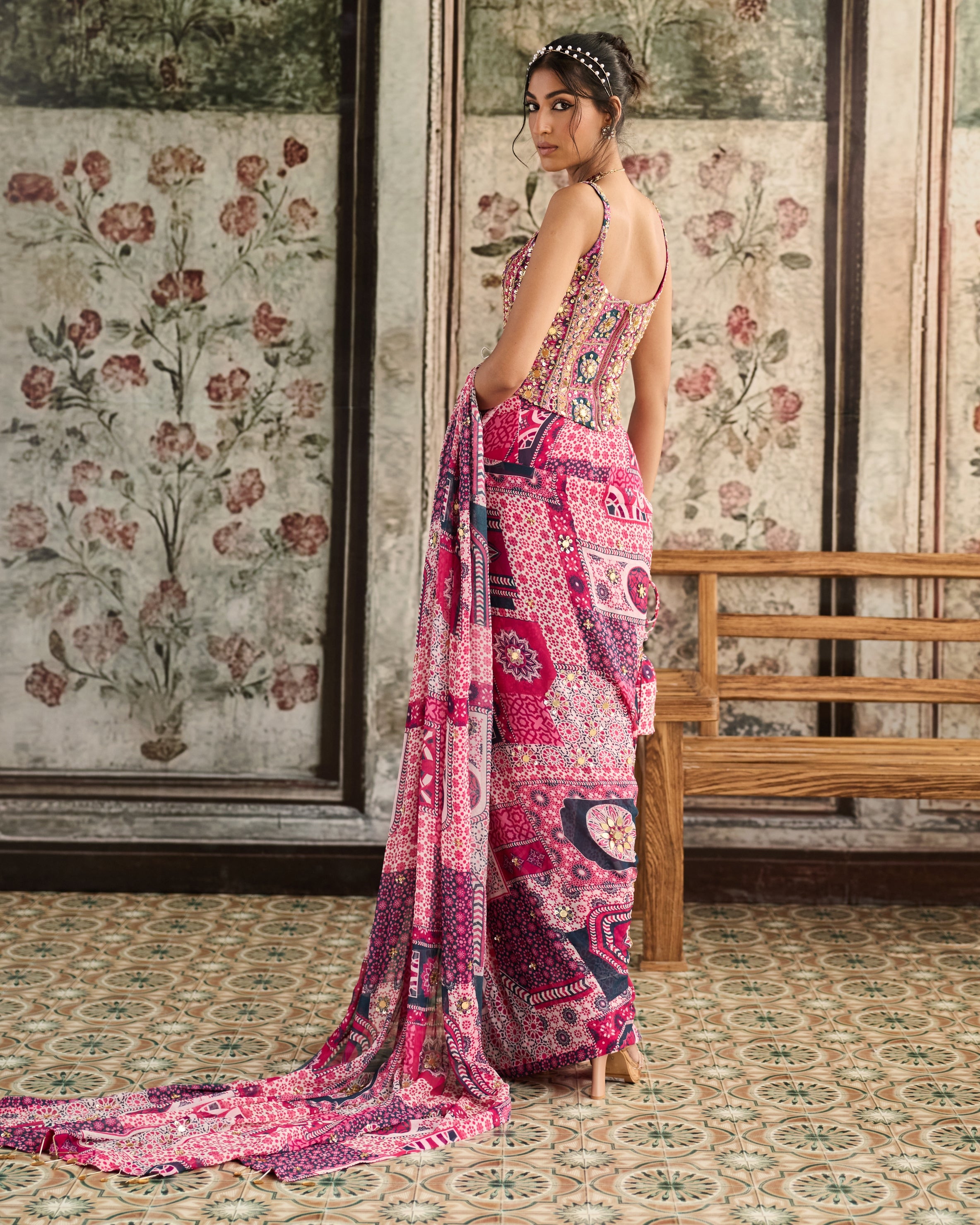 Fuchsia Print And Corset Blouse Pre-Draped Classic Sari Set