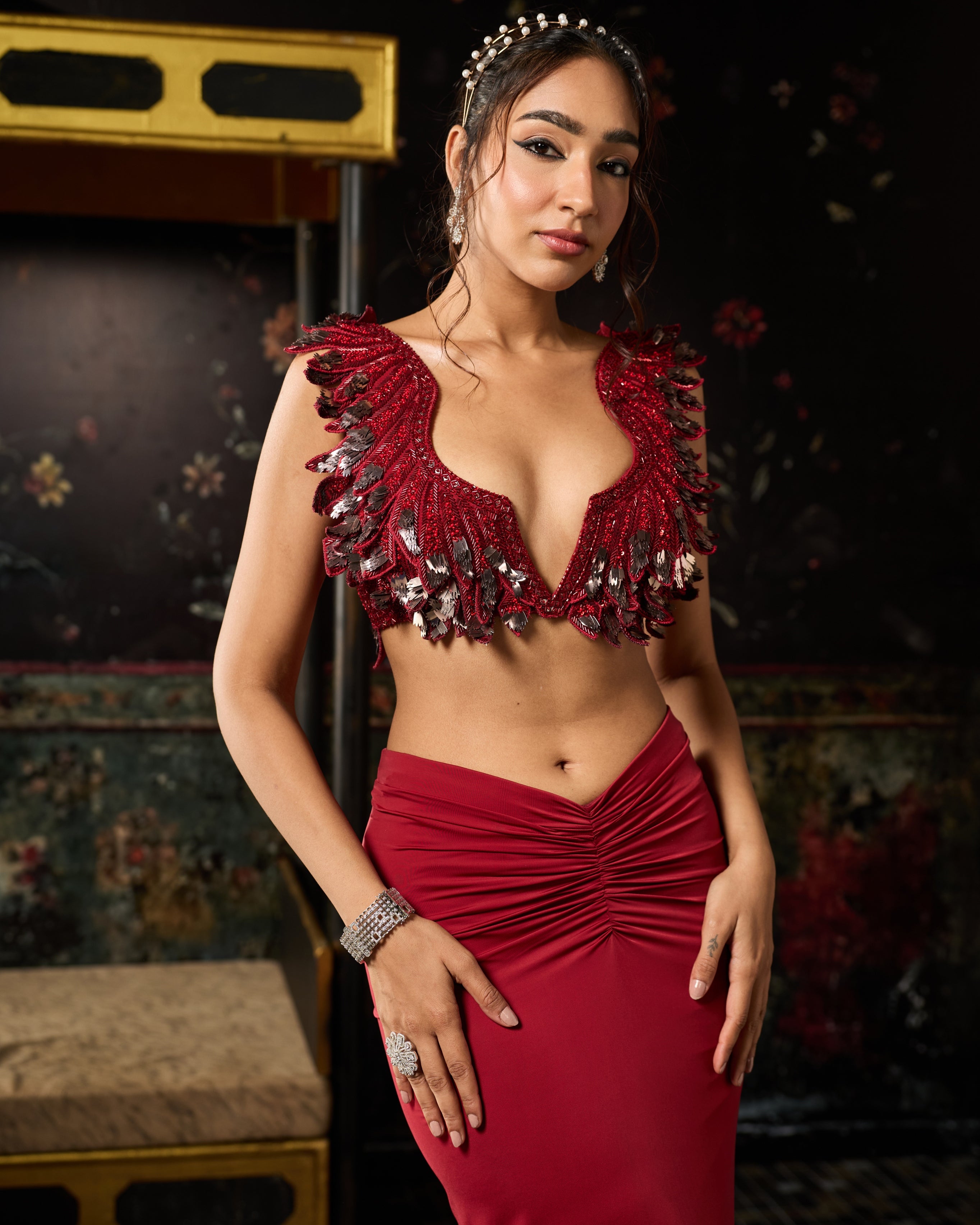 Deep Red Cutwork Blouse With Draped Skirt Set