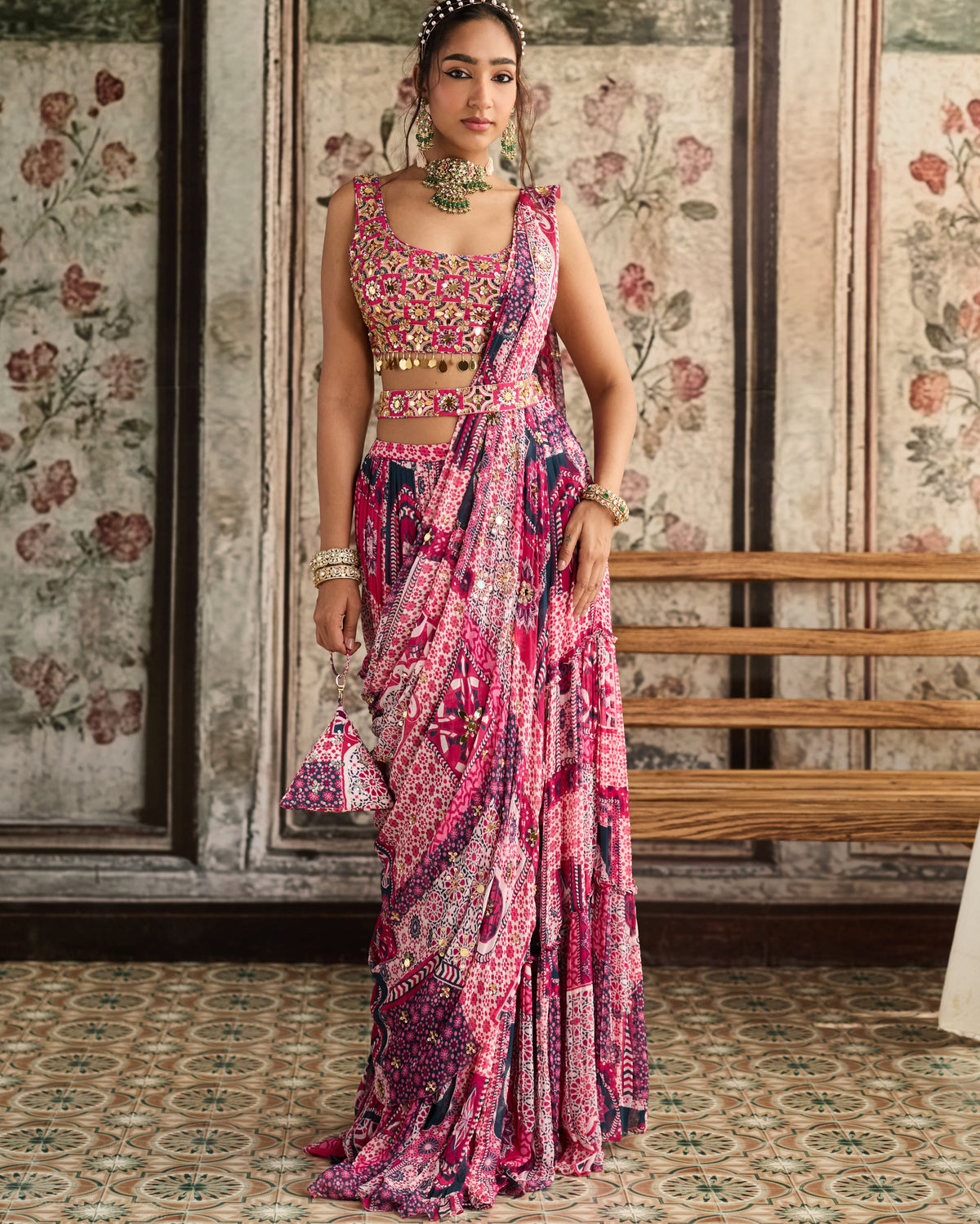 Fuchsia Print And Square Neck Blouse With Tiered Sari Set