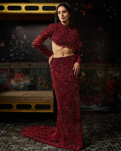 Maroon Embellished Trail Skirt Set