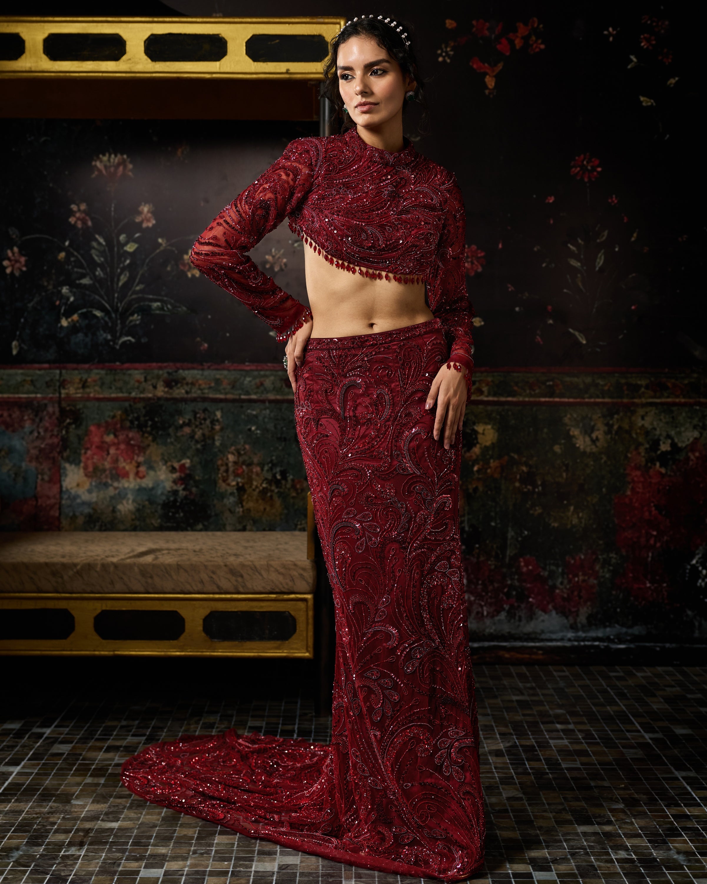 Maroon Embellished Trail Skirt Set