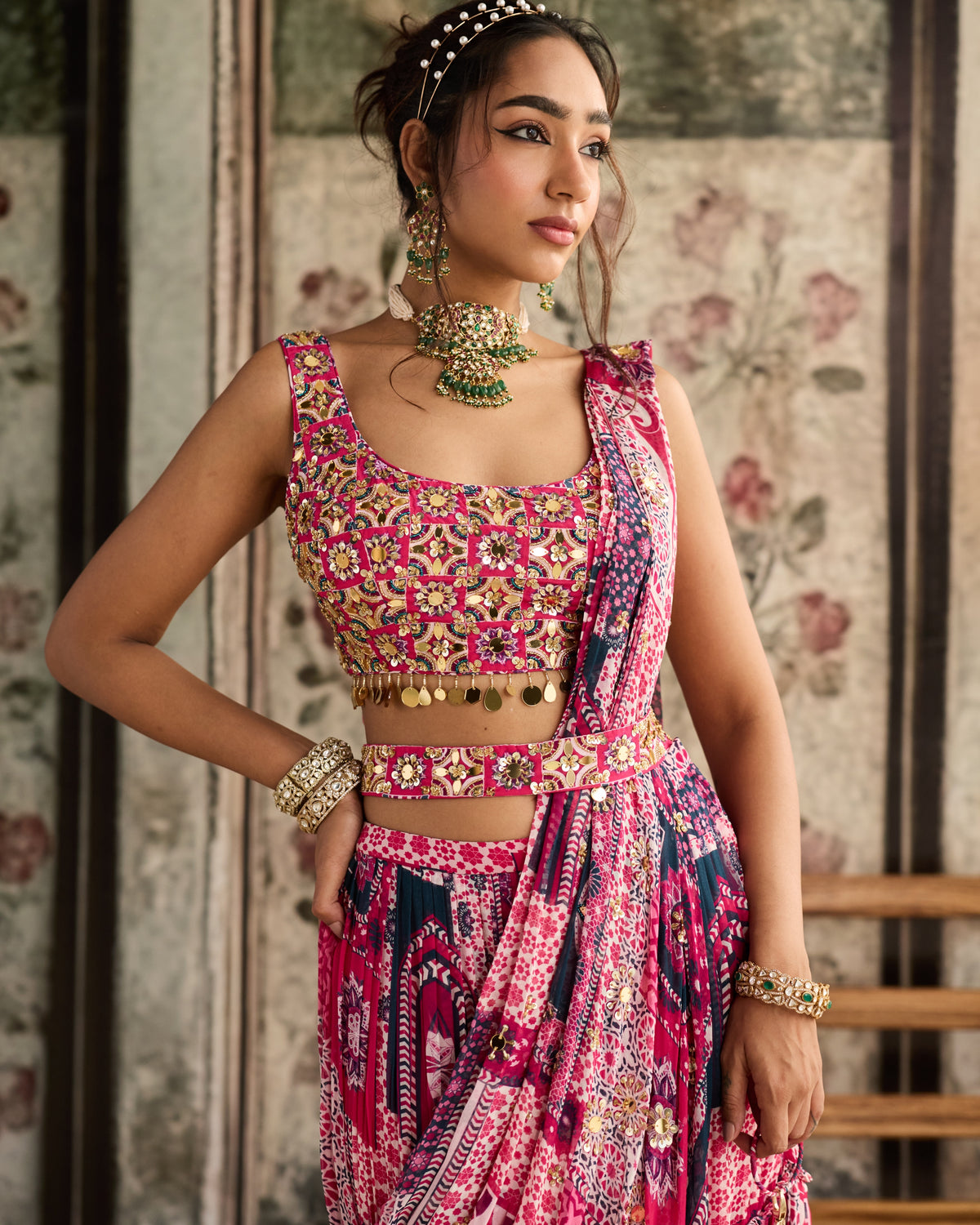 Fuchsia Print And Square Neck Blouse With Tiered Sari Set