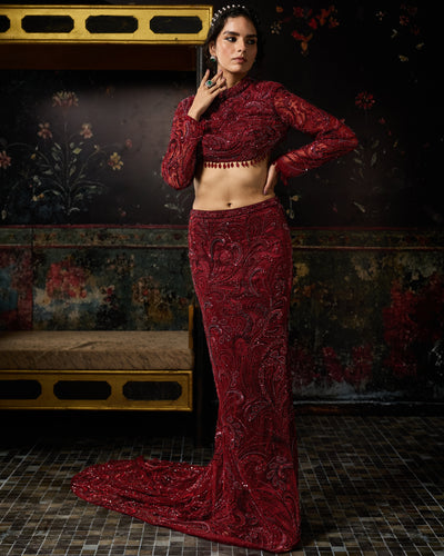 Maroon Embellished Trail Skirt Set