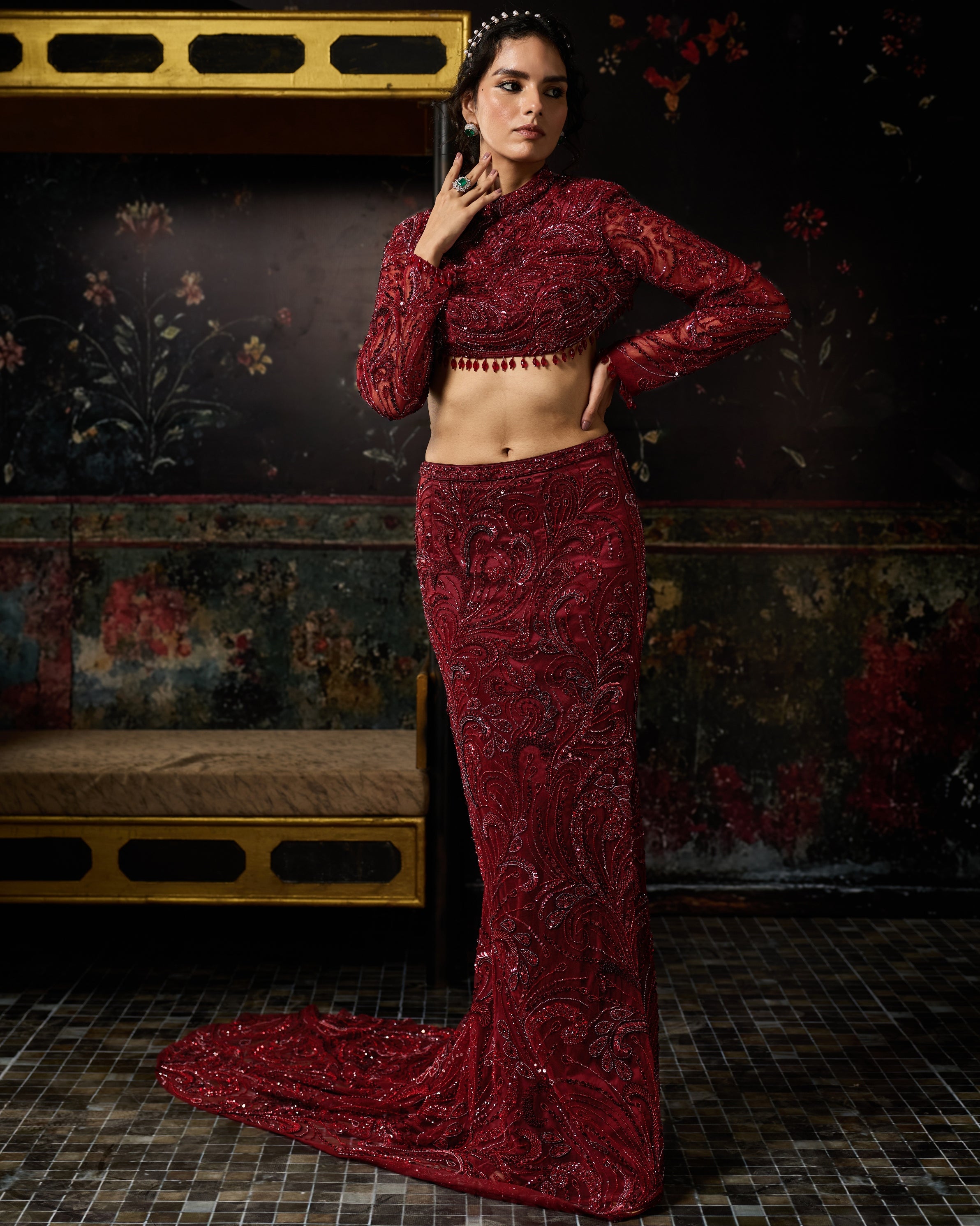 Maroon Embellished Trail Skirt Set