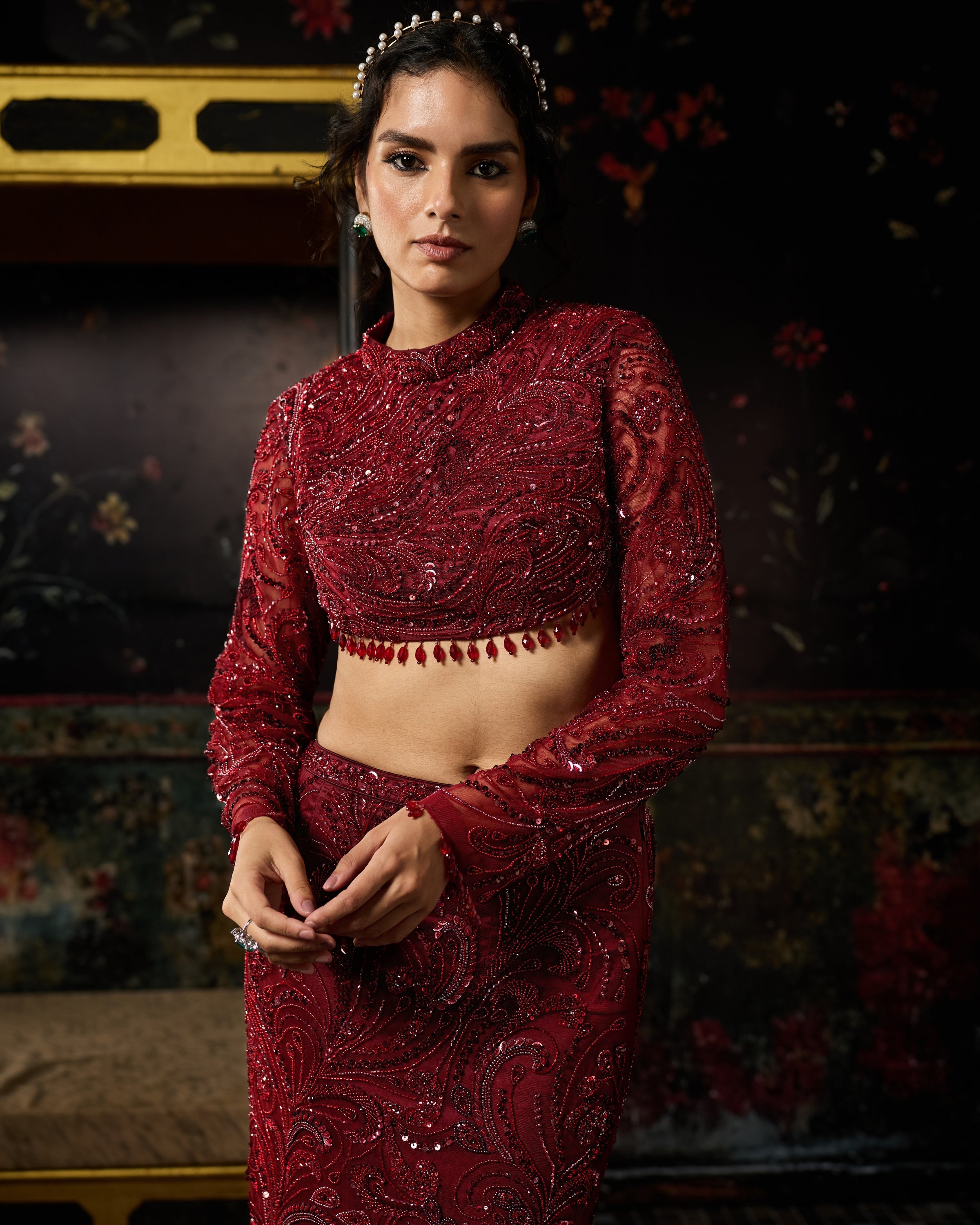 Maroon Embellished Trail Skirt Set