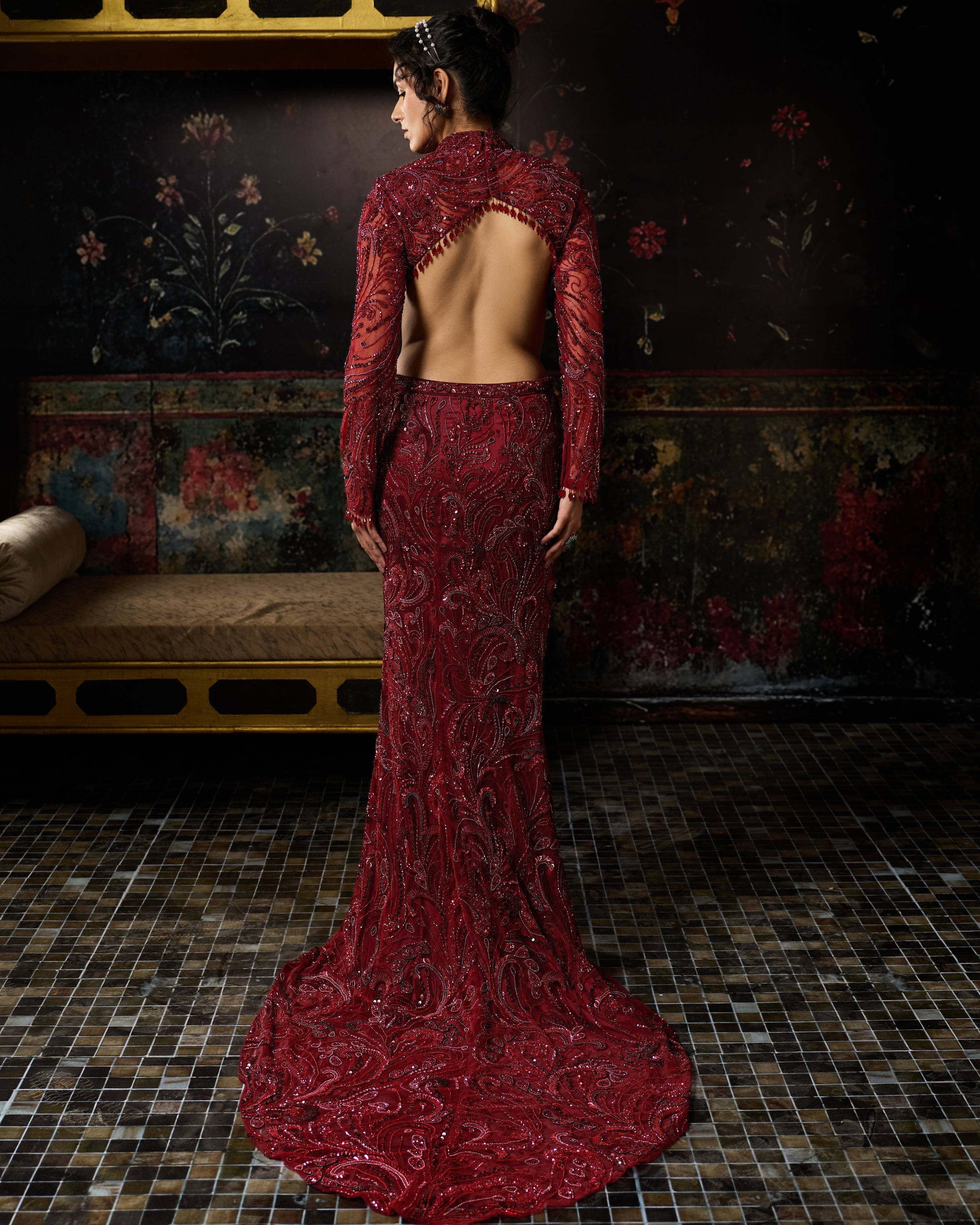 Maroon Embellished Trail Skirt Set