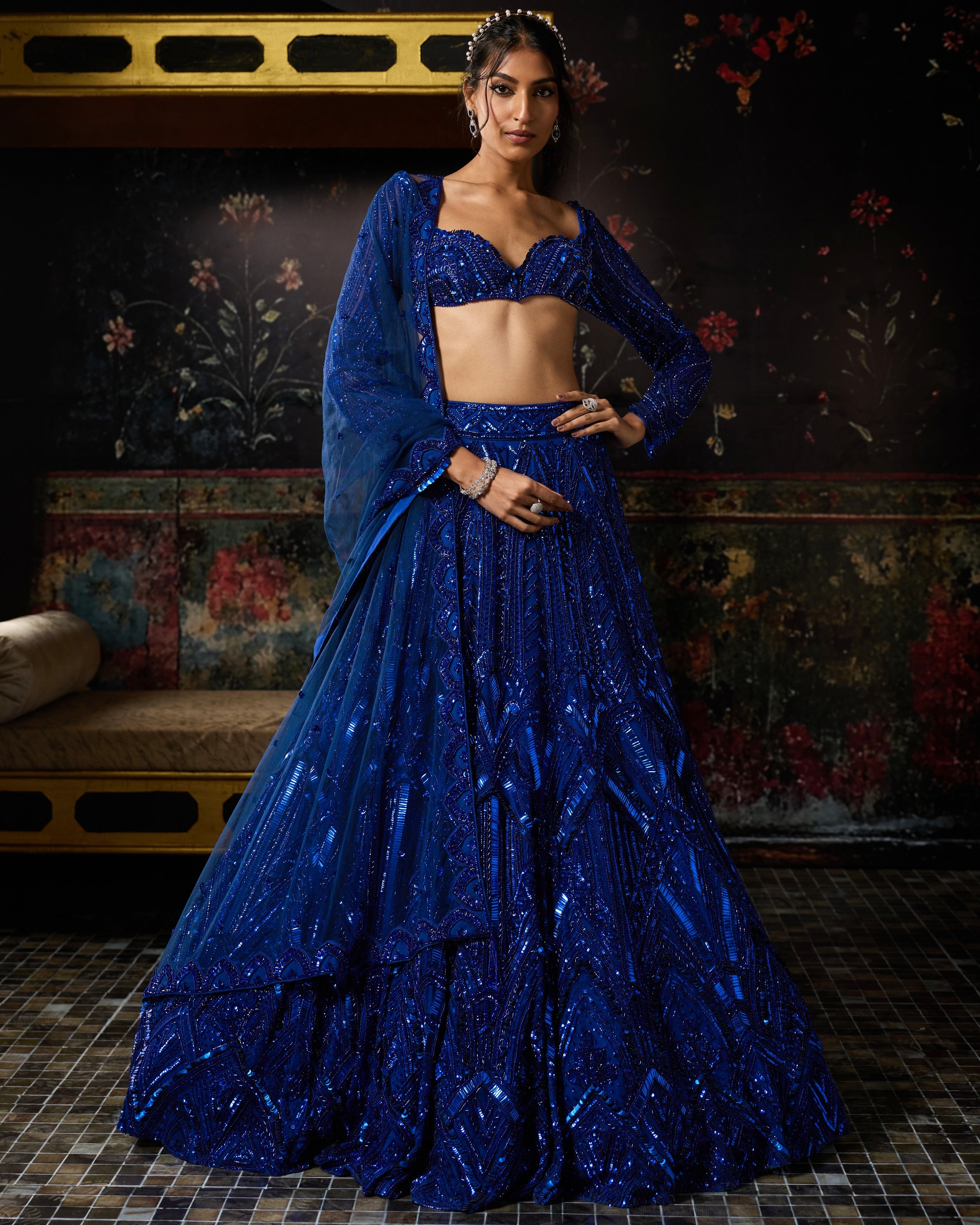 Electric Blue 3D Arc Embellished Lehenga Set