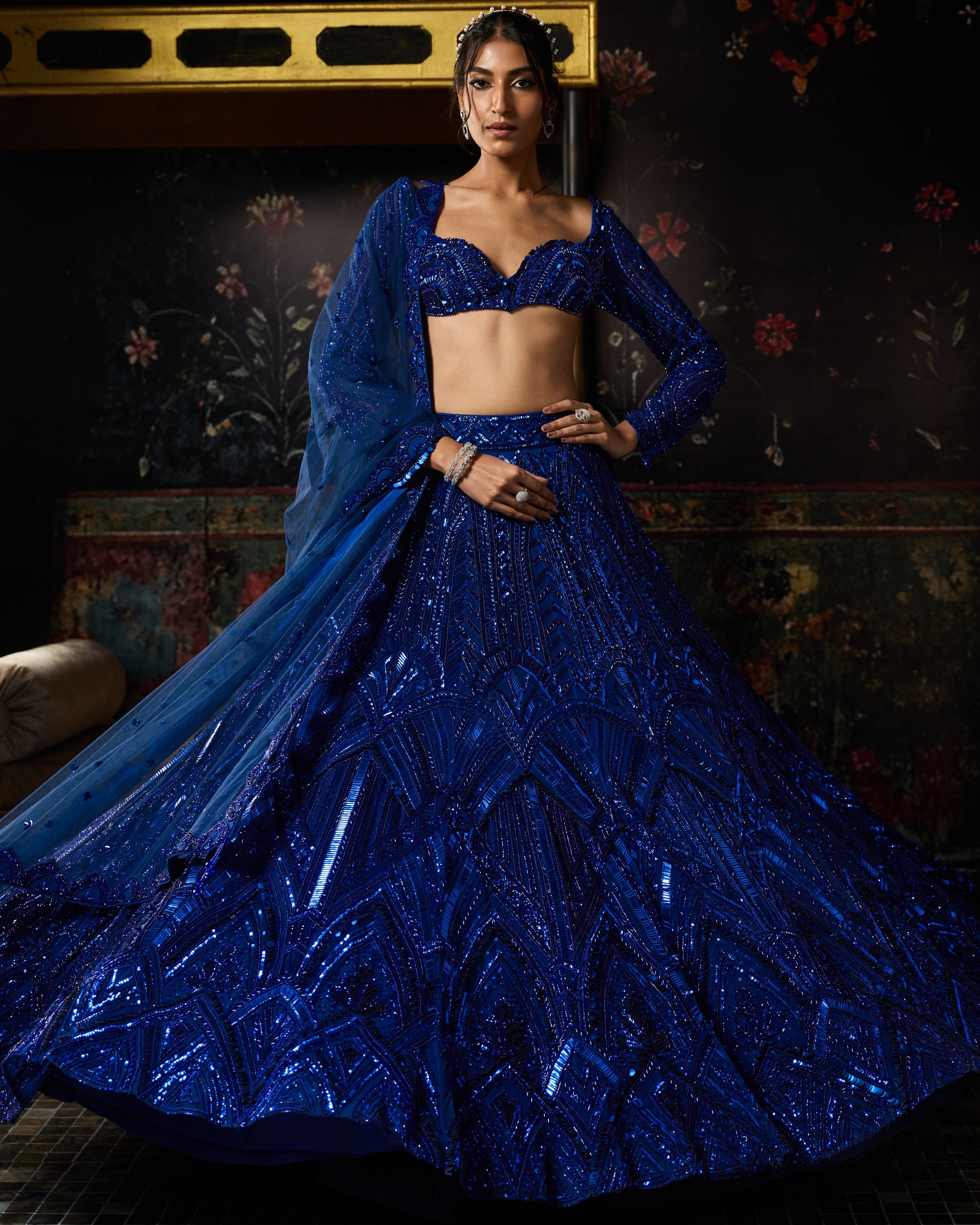 Electric Blue 3D Arc Embellished Lehenga Set