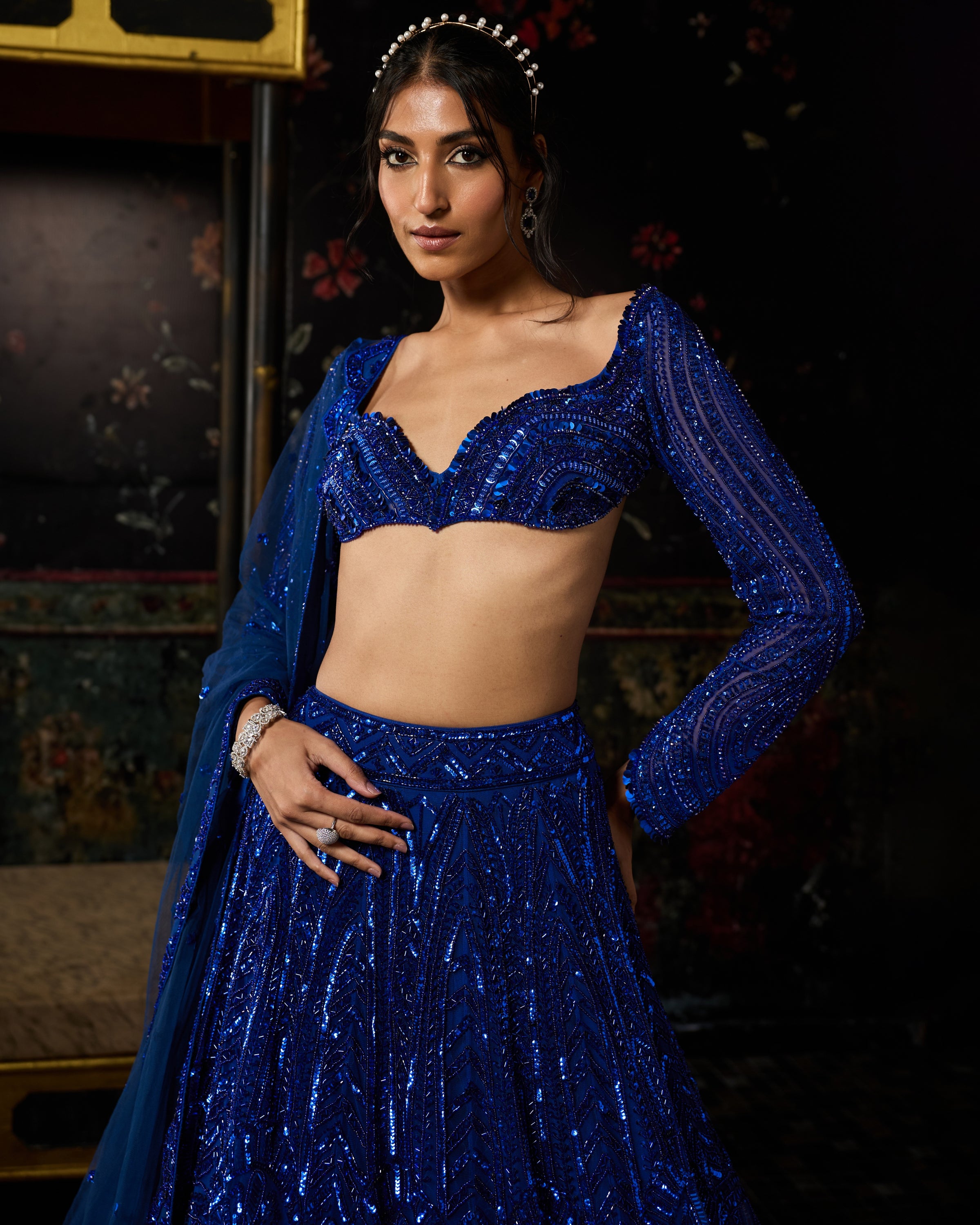Electric Blue 3D Arc Embellished Lehenga Set