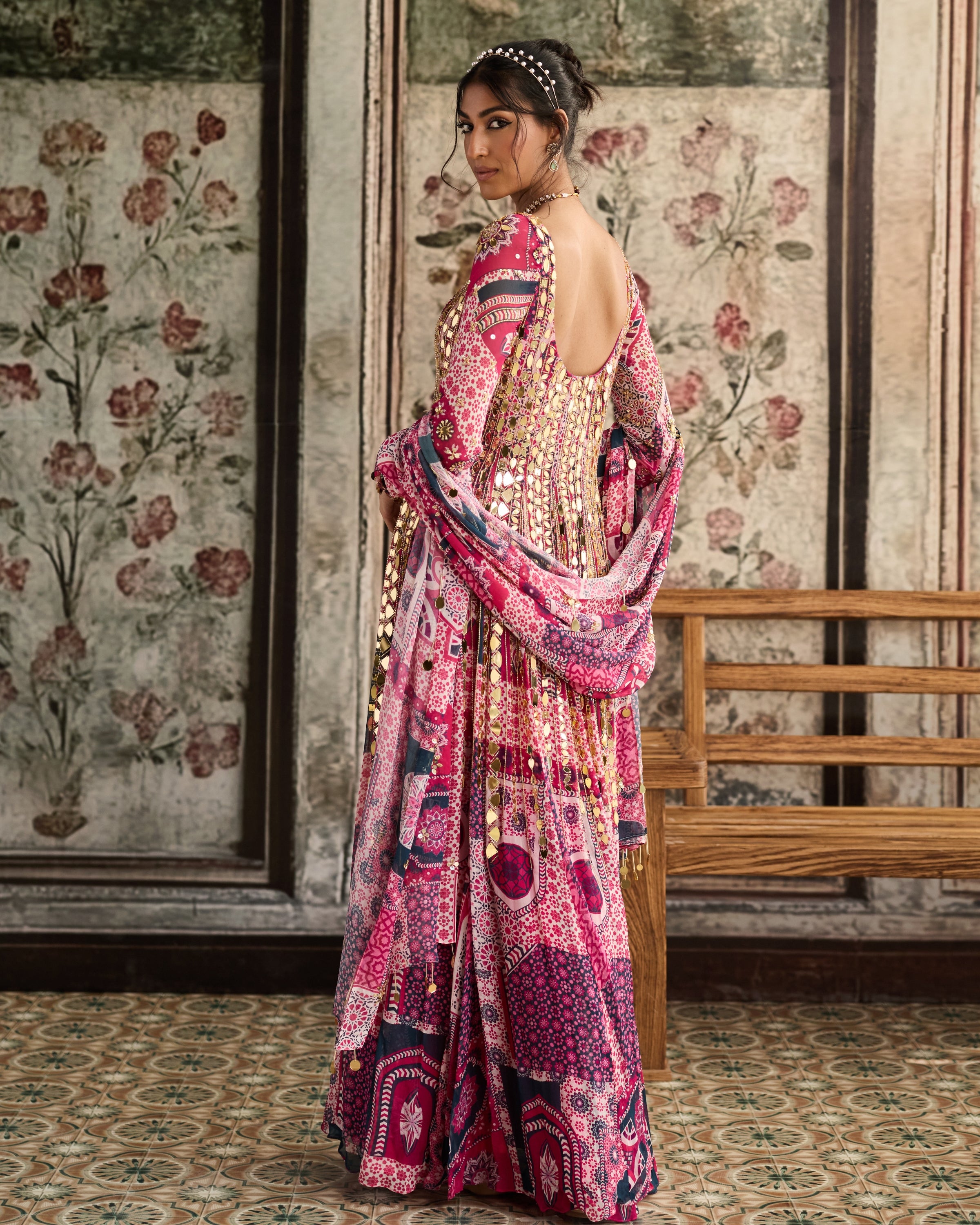 Fuchsia Print And Highlighted Anarkali Set