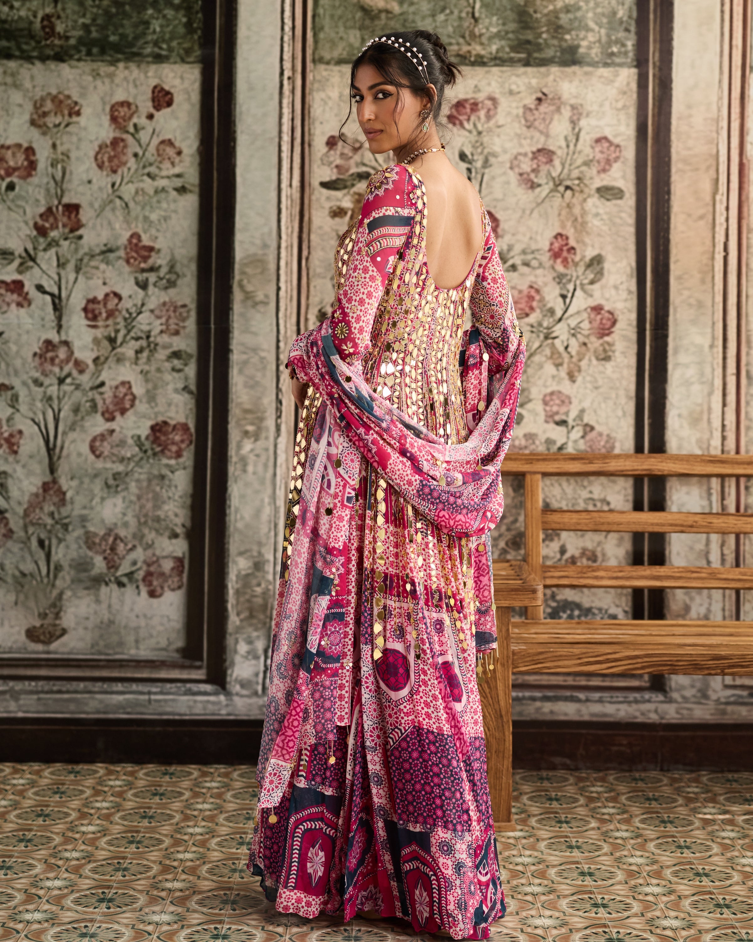Fuchsia Print And Highlighted Anarkali Set