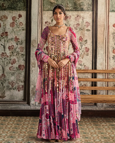 Fuchsia Print And Highlighted Anarkali Set