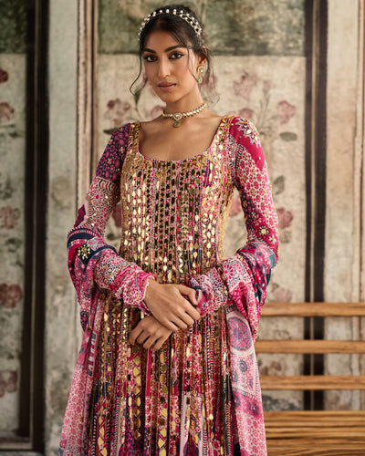 Fuchsia Print And Highlighted Anarkali Set