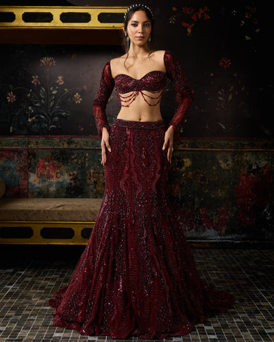 Maroon Embellished Mermaid Lehenga Set