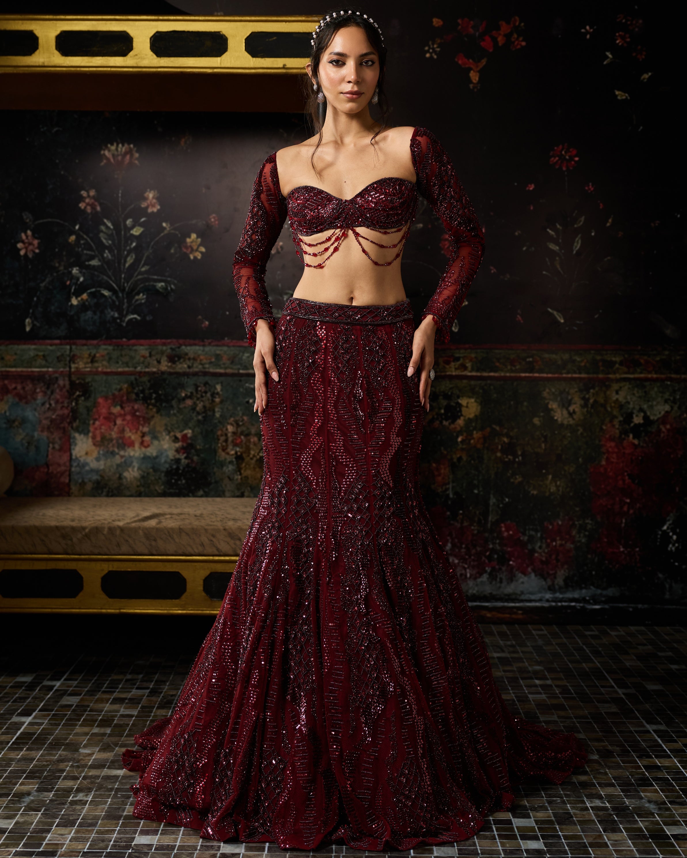 Maroon Embellished Mermaid Lehenga Set