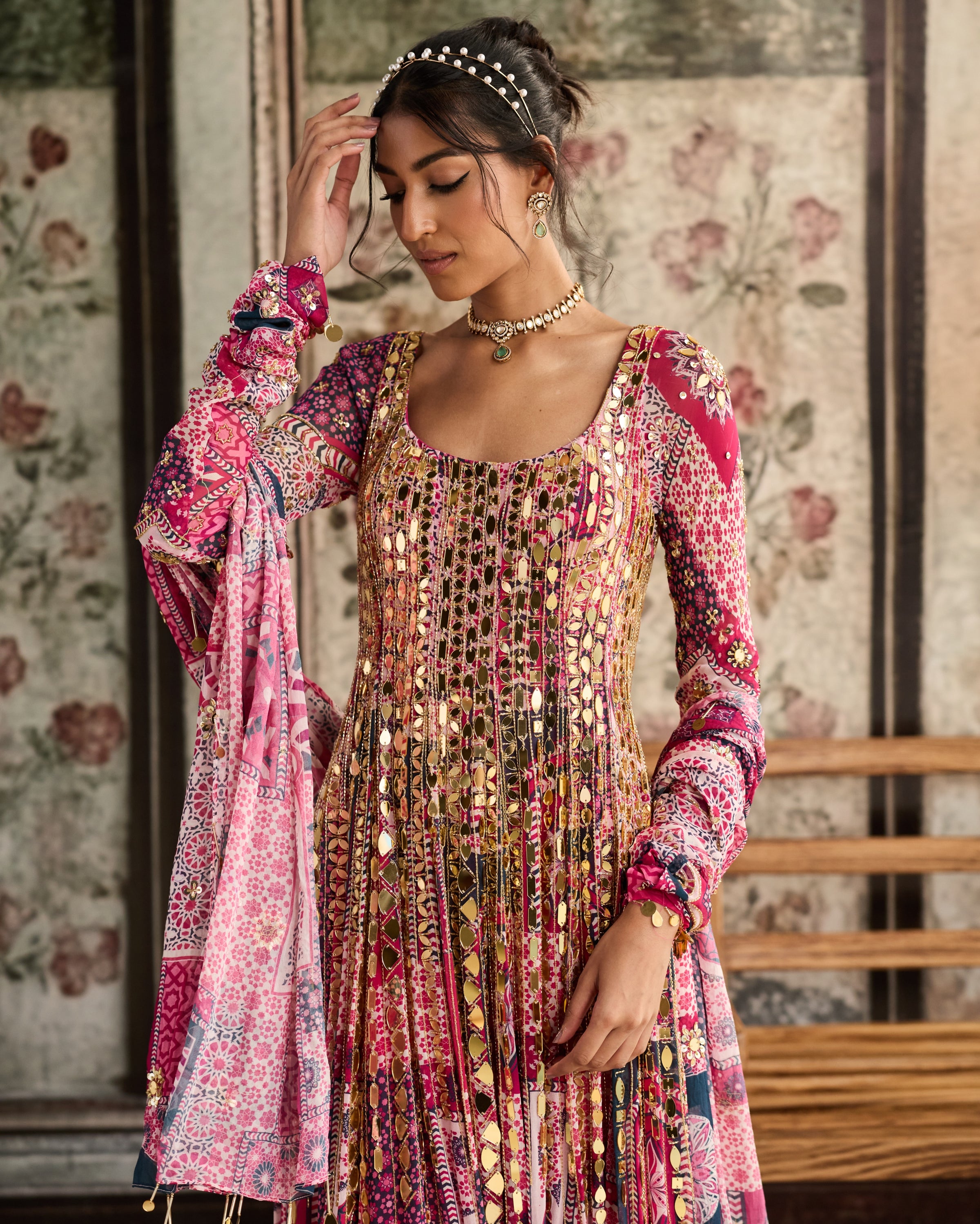 Fuchsia Print And Highlighted Anarkali Set