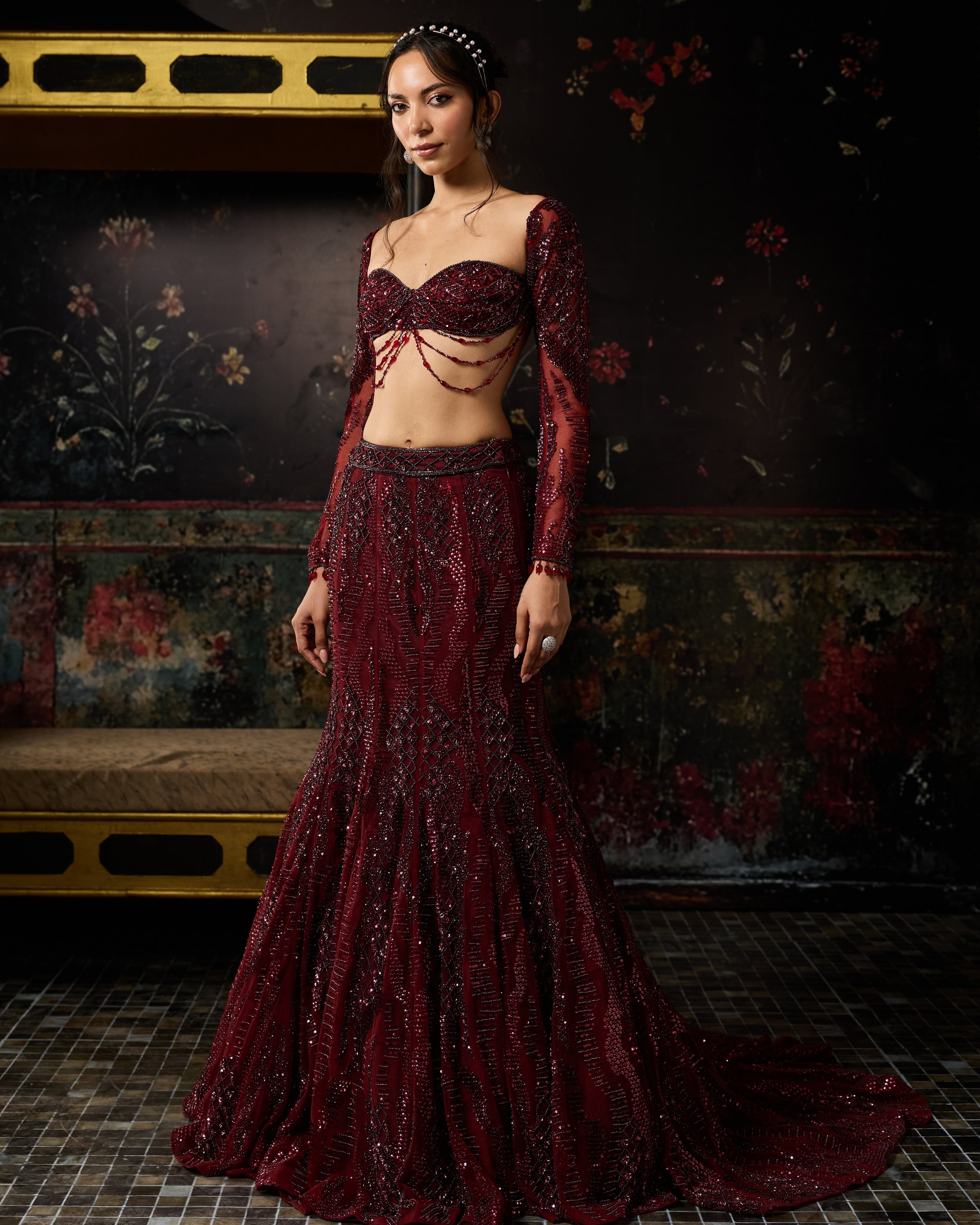 Maroon Embellished Mermaid Lehenga Set