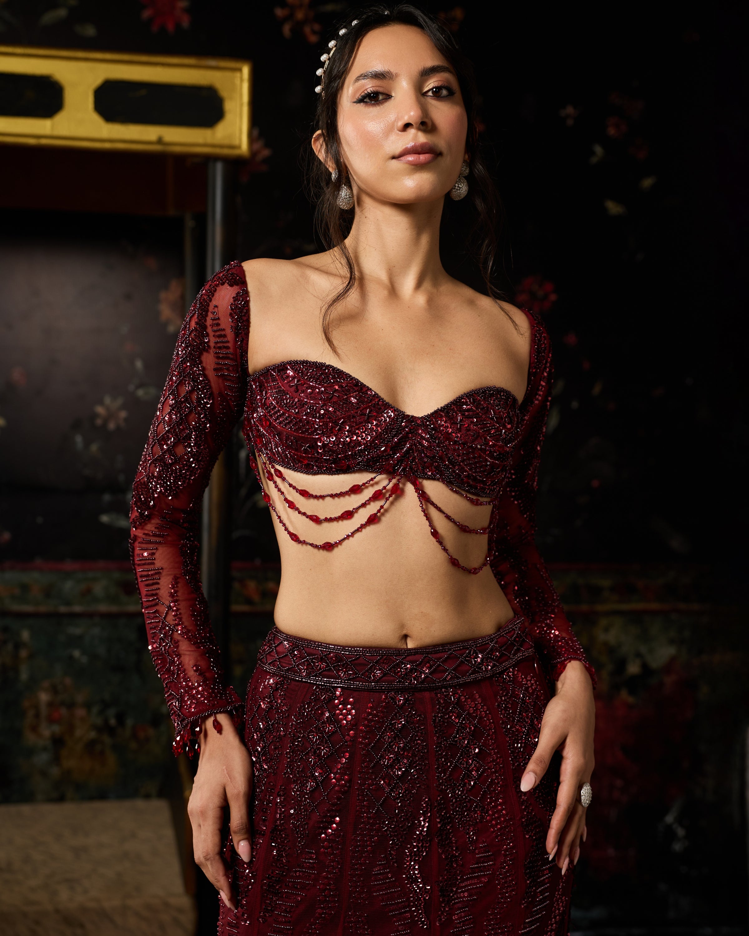 Maroon Embellished Mermaid Lehenga Set