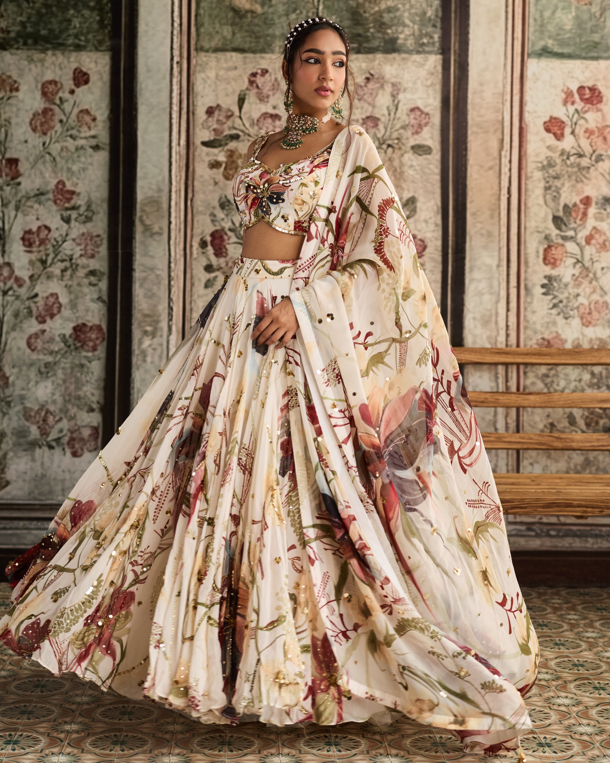 Ivory Floral Print And Highlighted Lehenga Set
