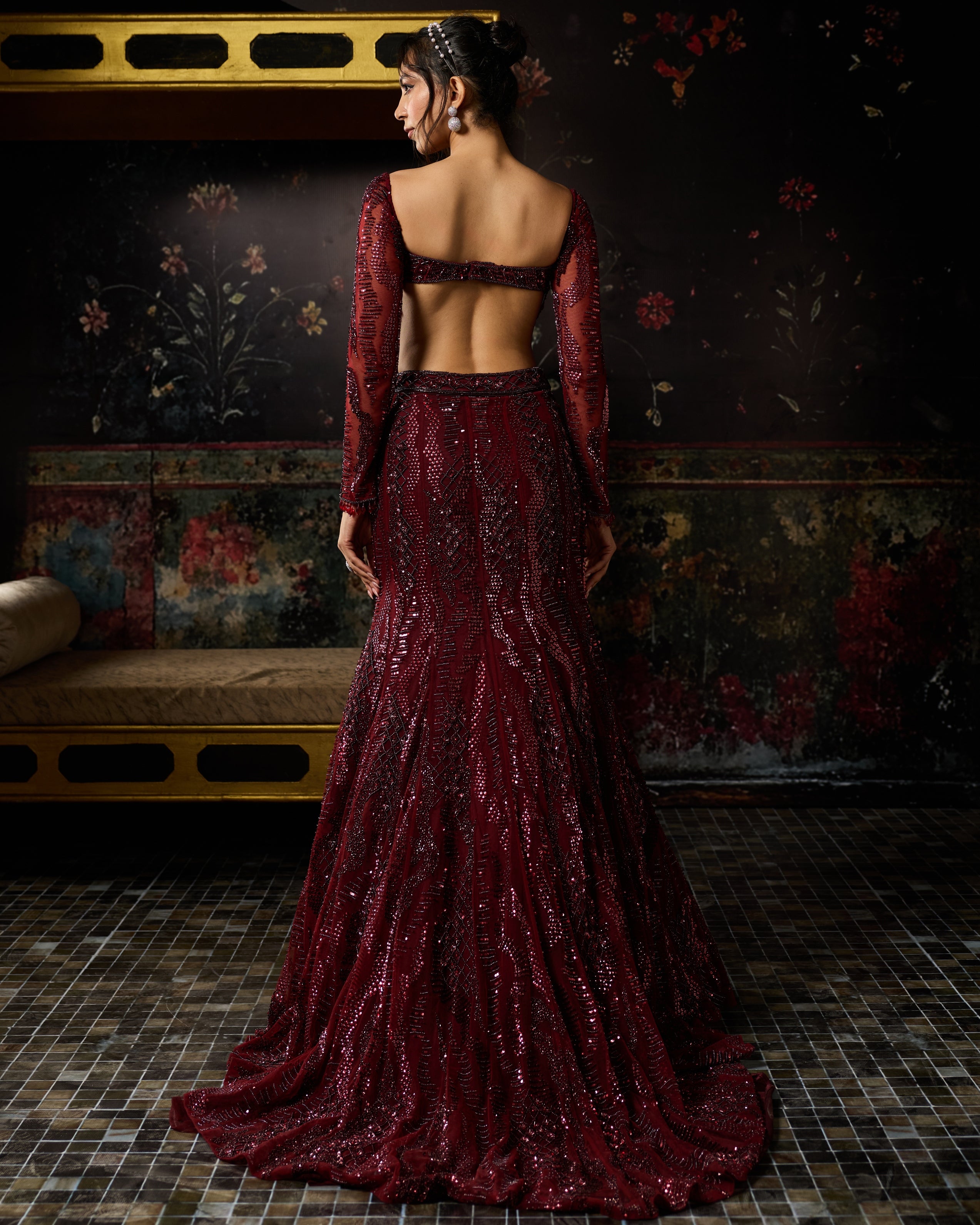Maroon Embellished Mermaid Lehenga Set