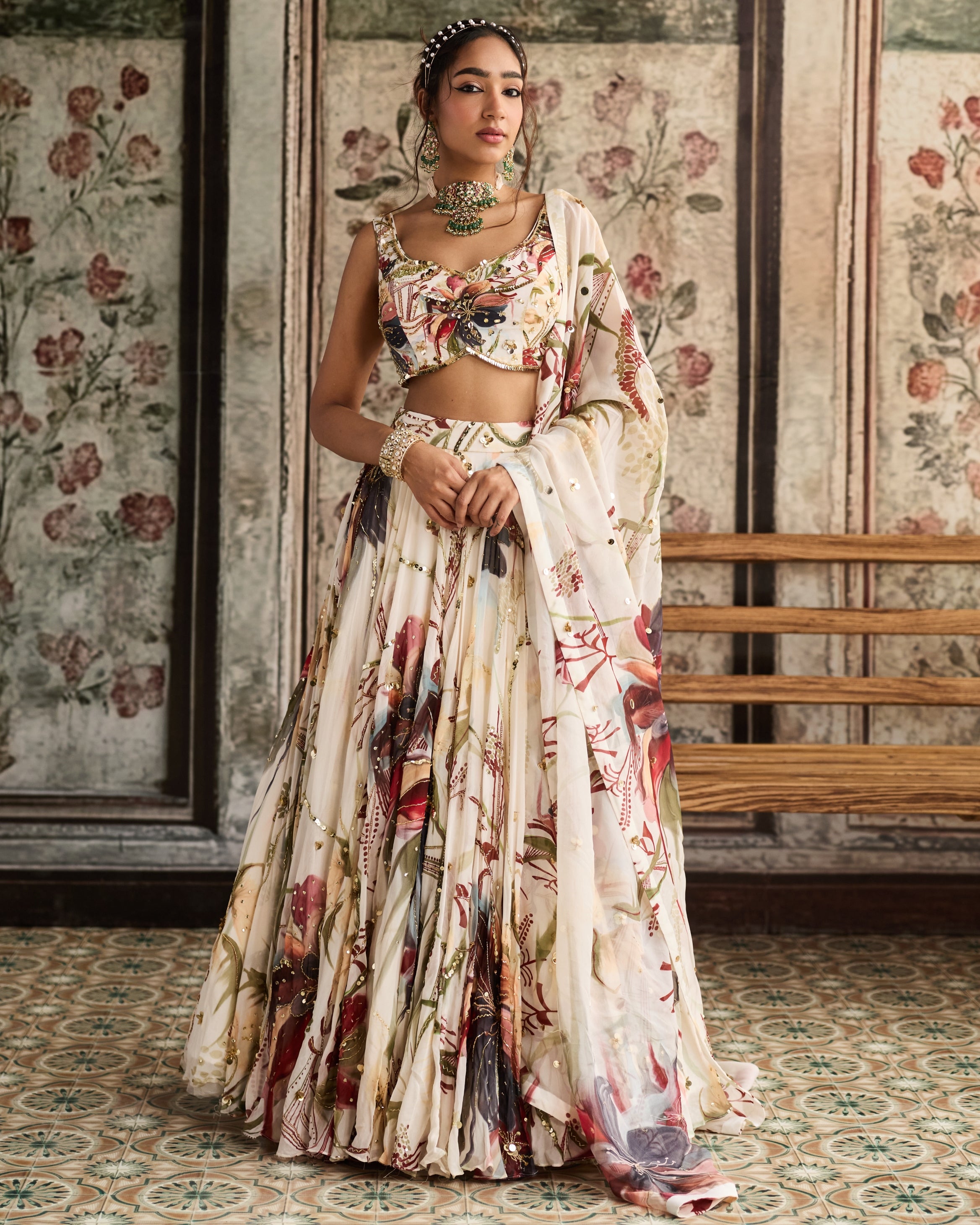 Ivory Floral Print And Highlighted Lehenga Set