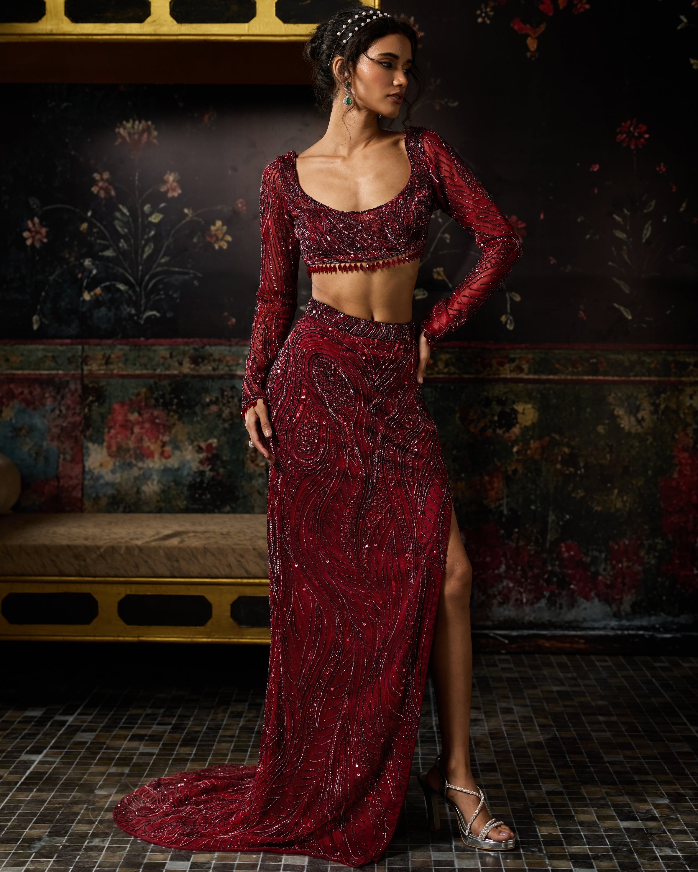 Maroon Embellished Trail Slit Skirt Set