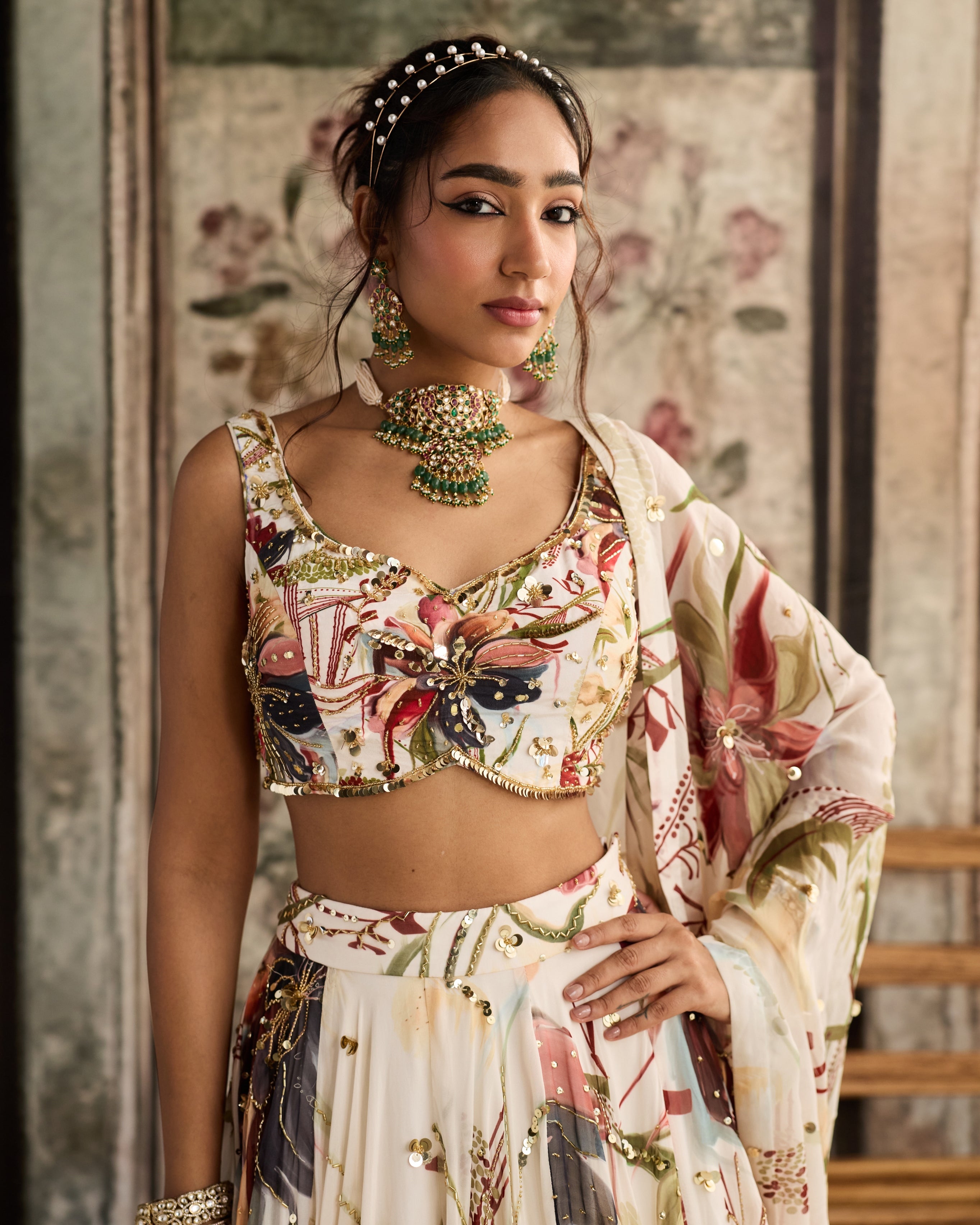 Ivory Floral Print And Highlighted Lehenga Set