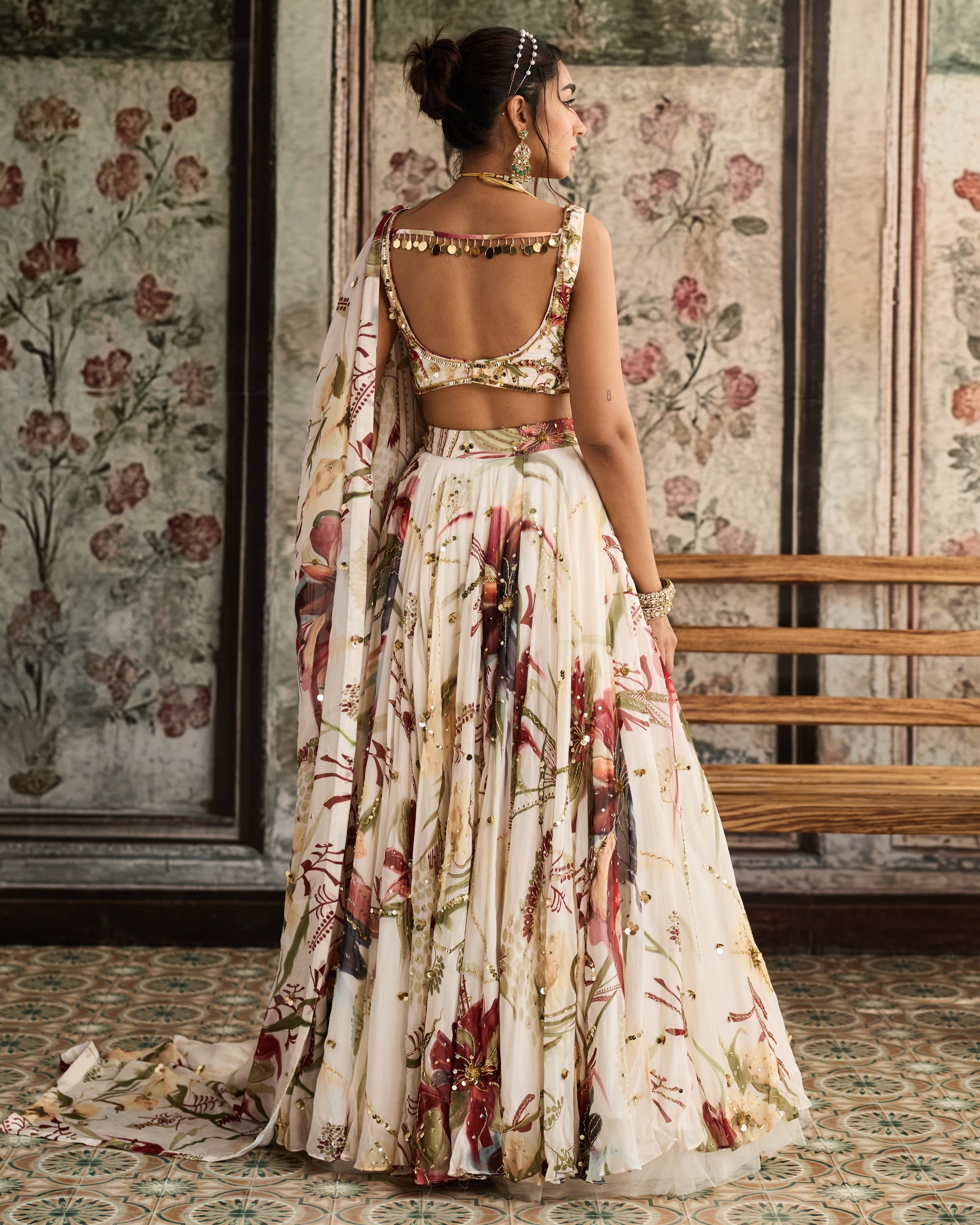 Ivory Floral Print And Highlighted Lehenga Set