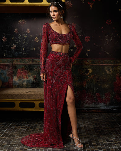 Maroon Embellished Trail Slit Skirt Set