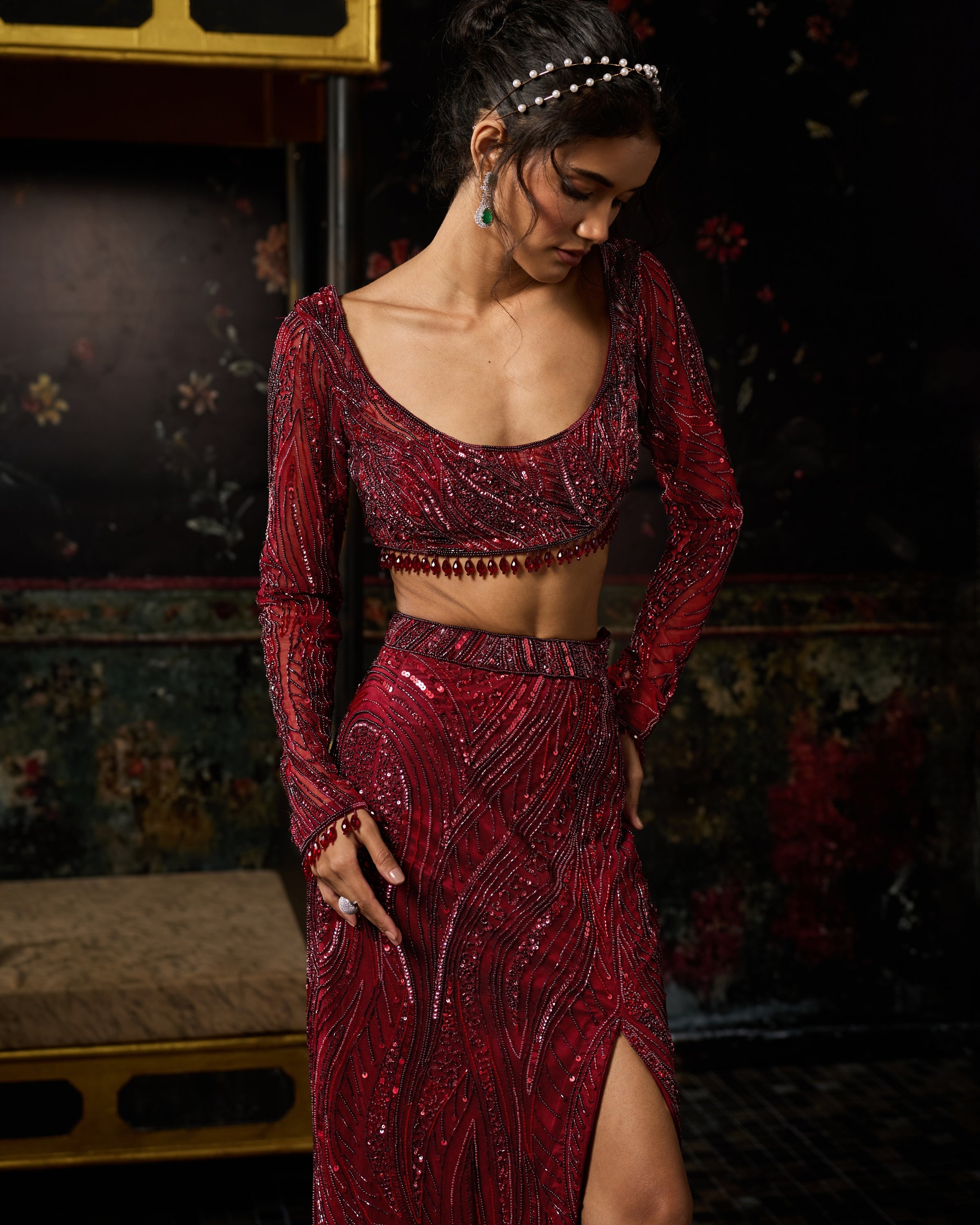 Maroon Embellished Trail Slit Skirt Set