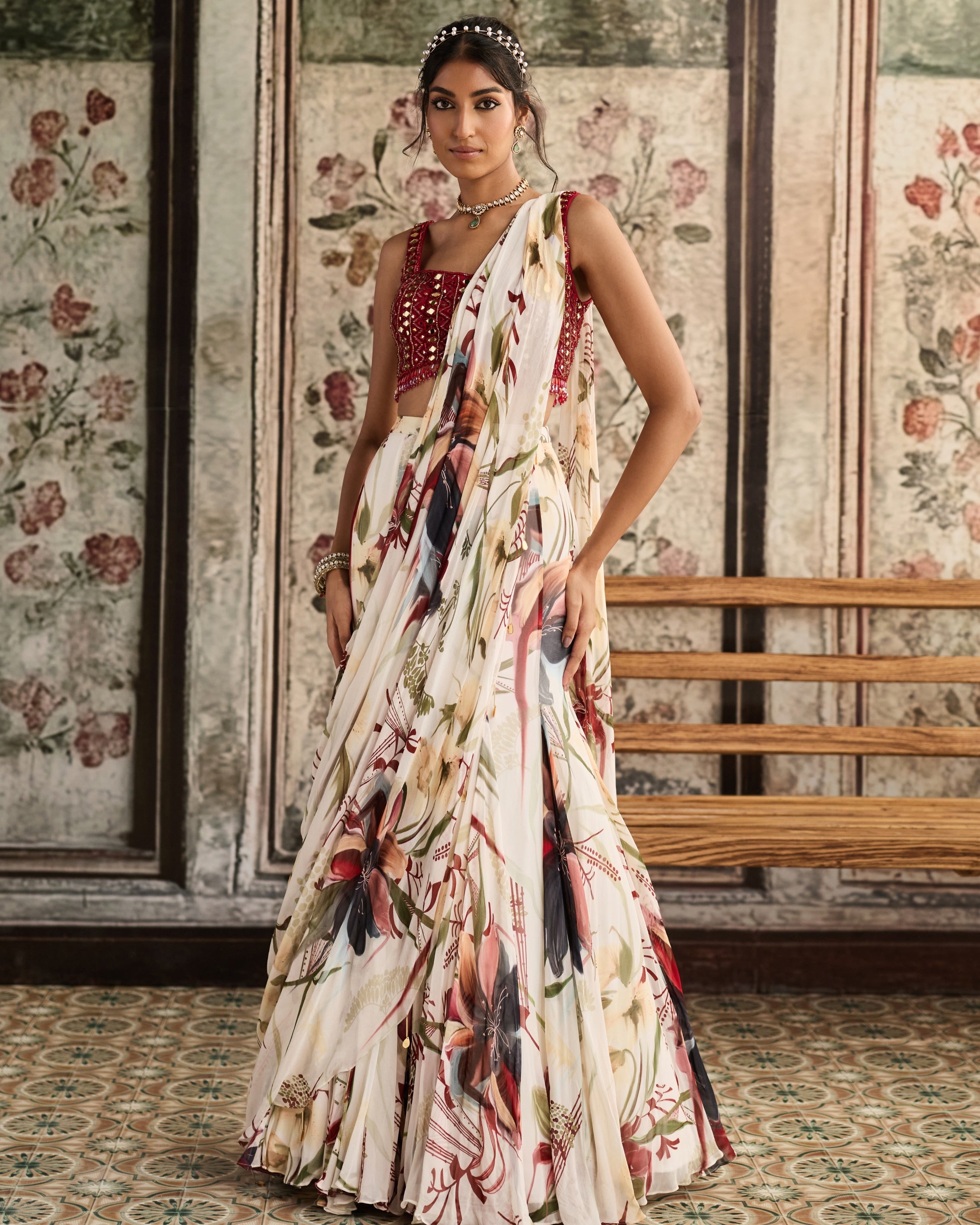 Ivory Floral Printed Mermaid Sari Set