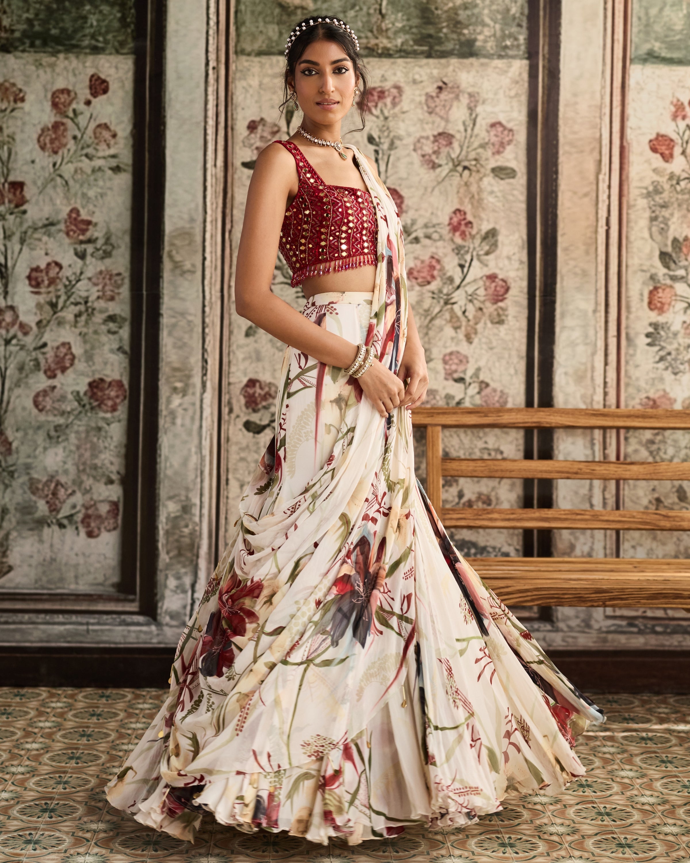 Ivory Floral Printed Mermaid Sari Set