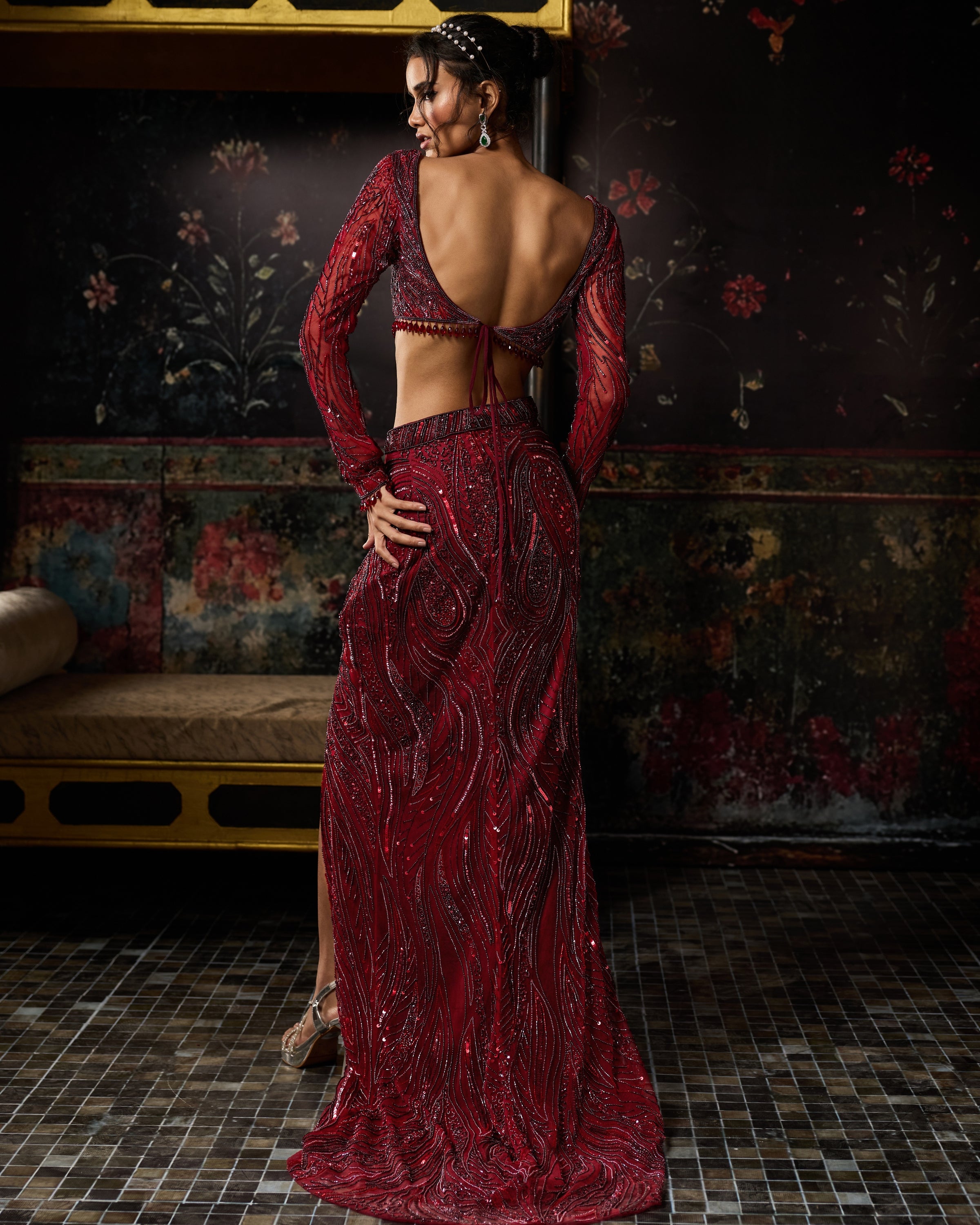 Maroon Embellished Trail Slit Skirt Set