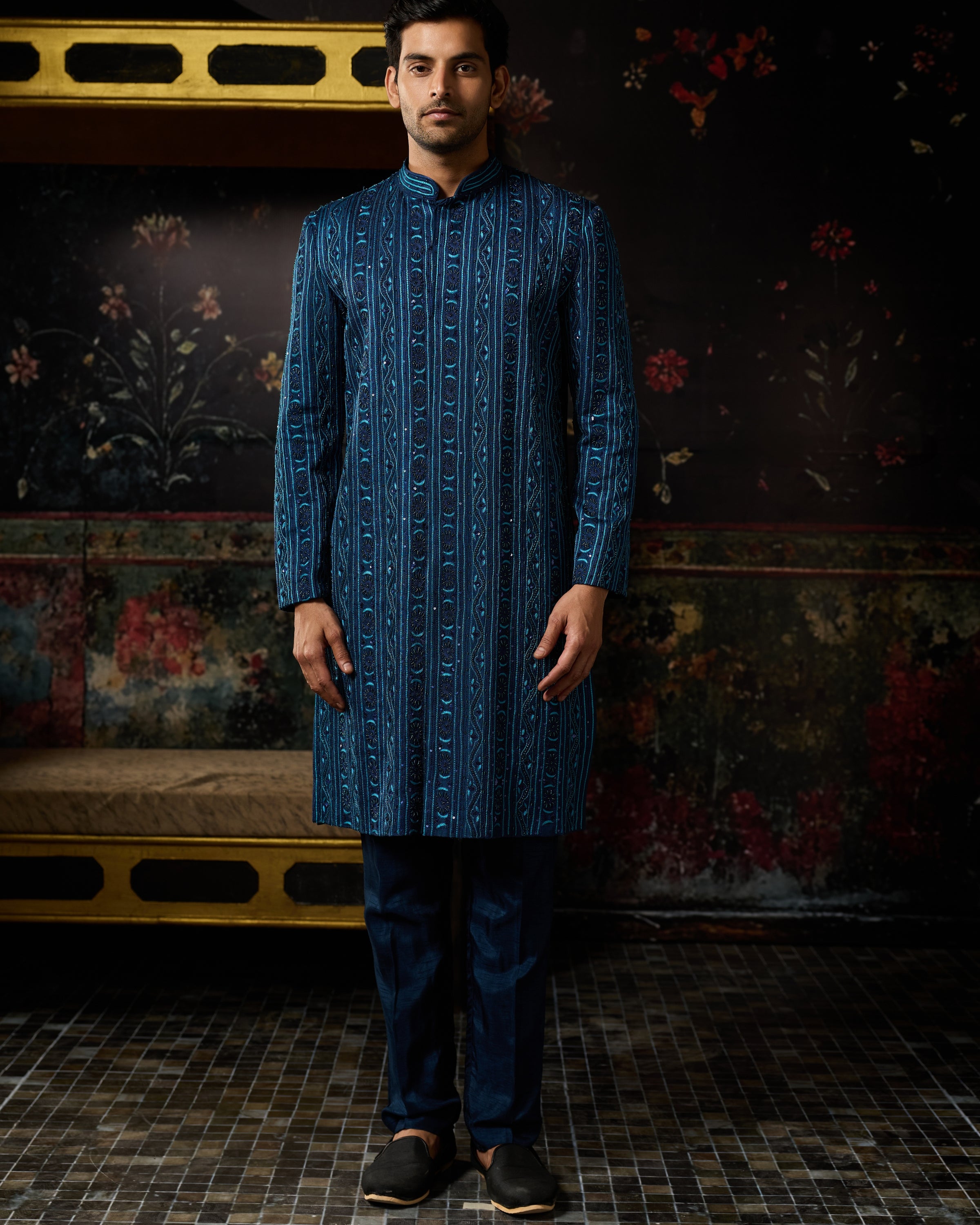 Blue Embroidered Jacket With Blue Pants Set