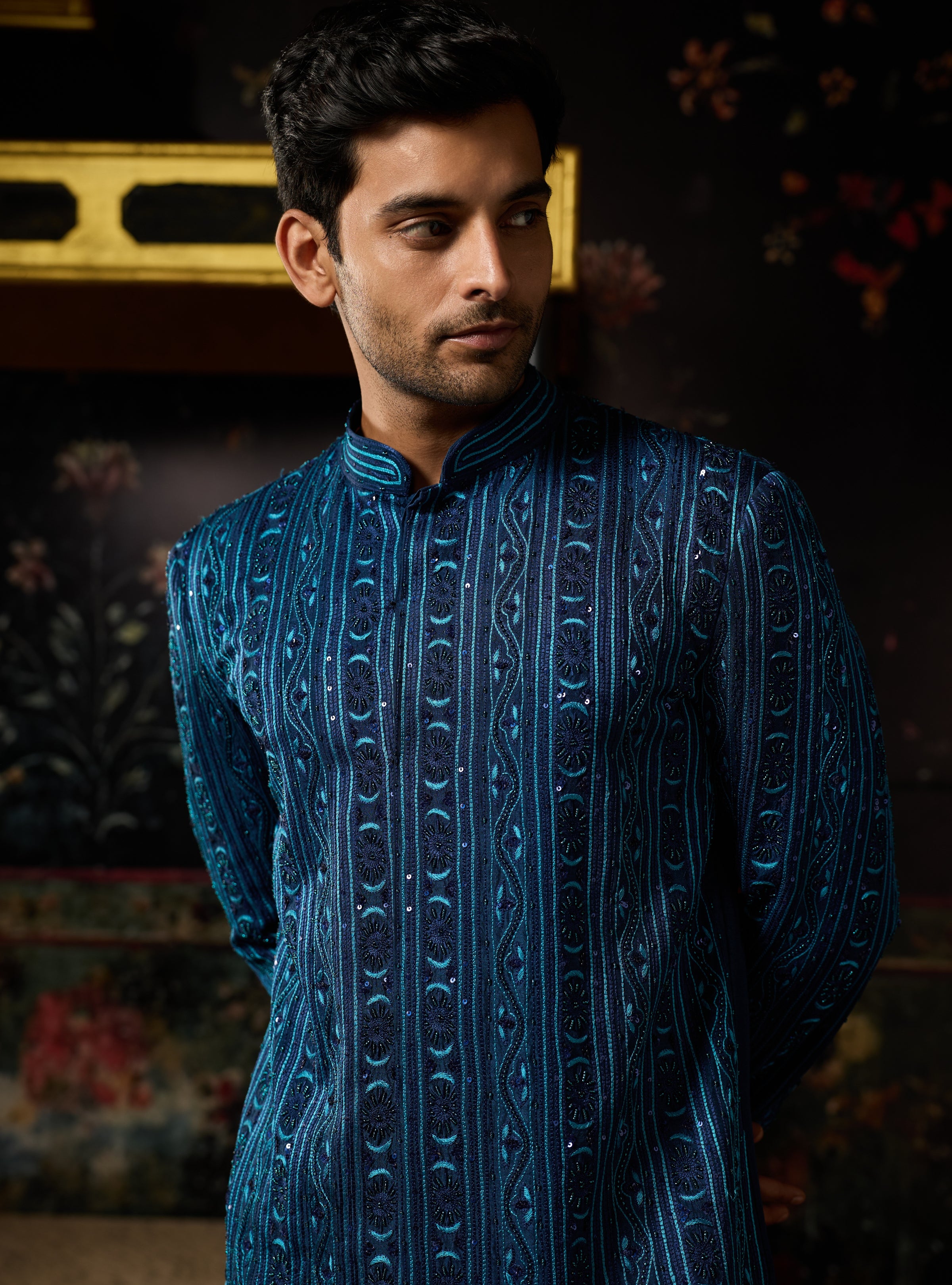 Blue Embroidered Jacket With Blue Pants Set