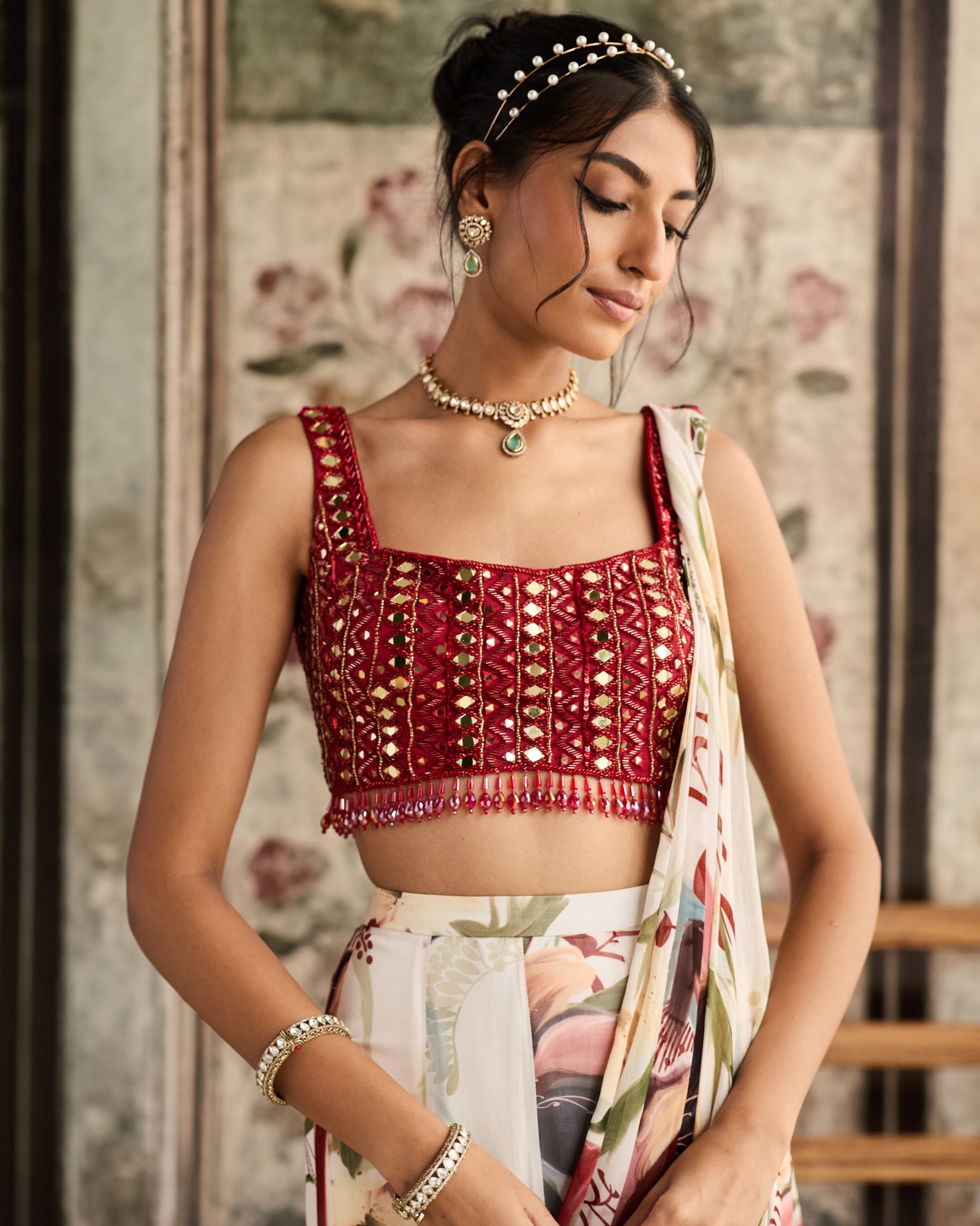 Ivory Floral Printed Mermaid Sari Set