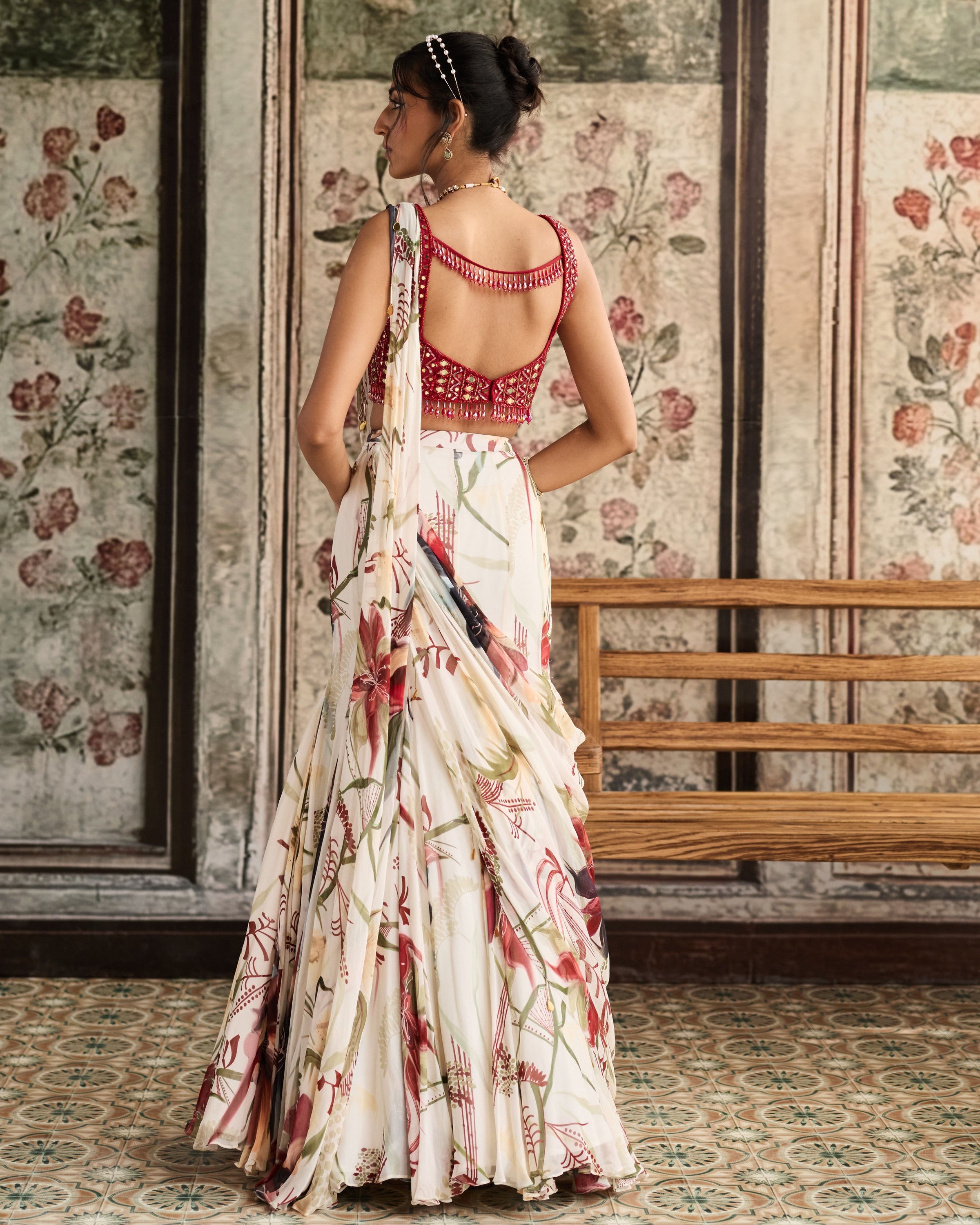 Ivory Floral Printed Mermaid Sari Set