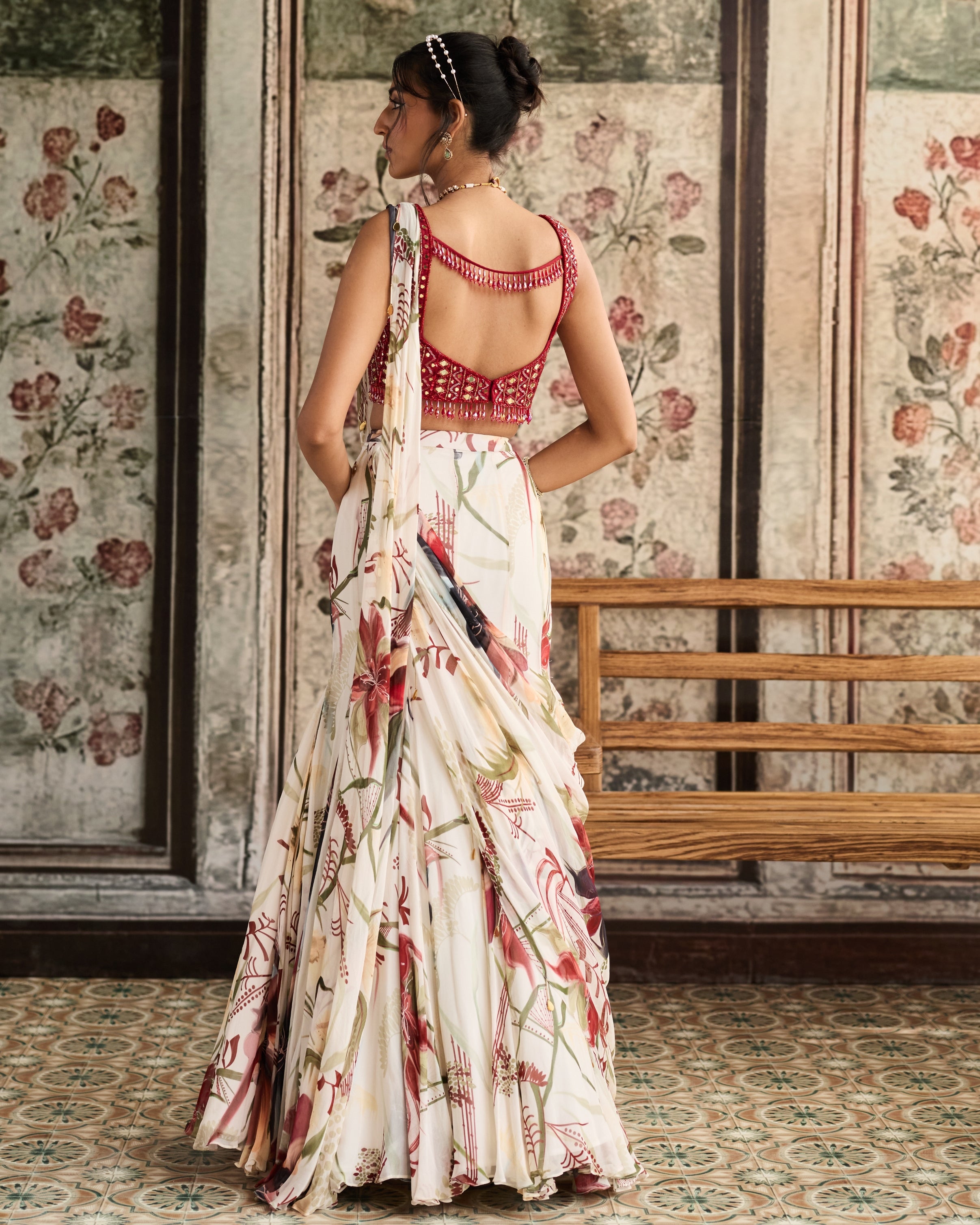 Ivory Floral Printed Mermaid Sari Set