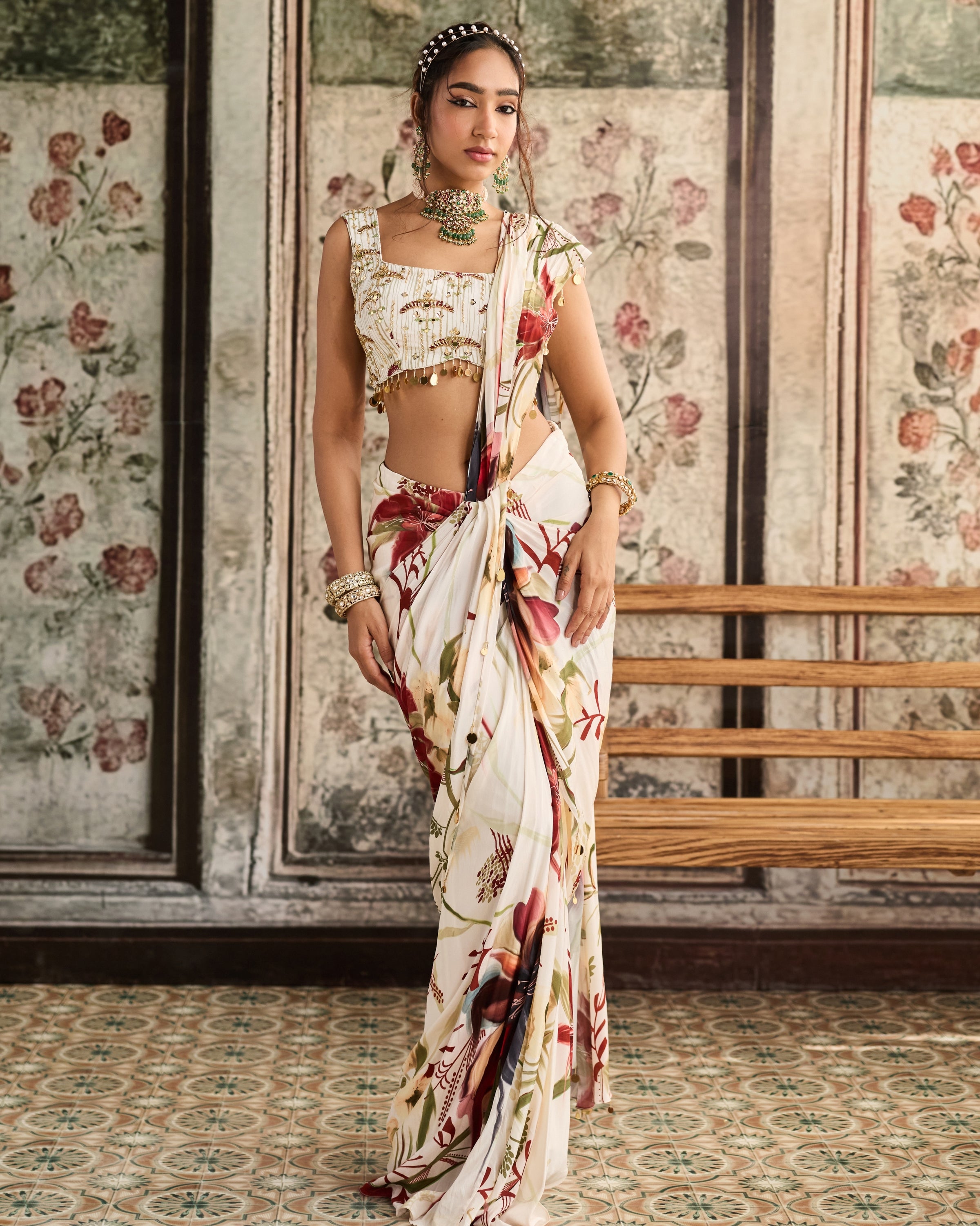 Ivory Floral Printed Drape Skirt Sari Set