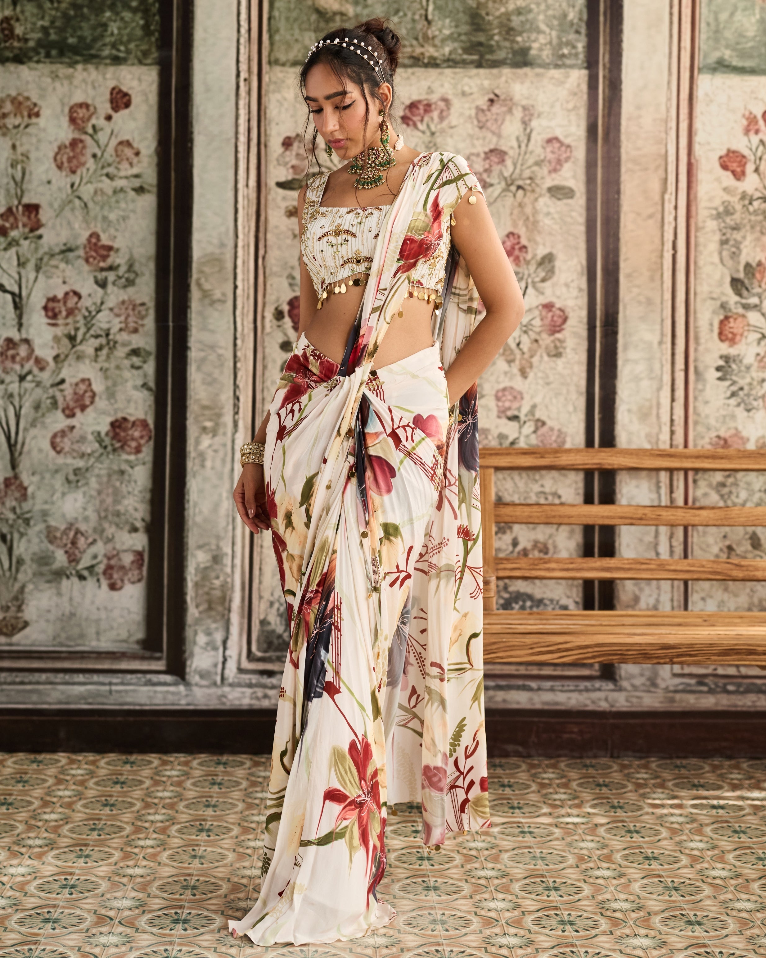 Ivory Floral Printed Drape Skirt Sari Set