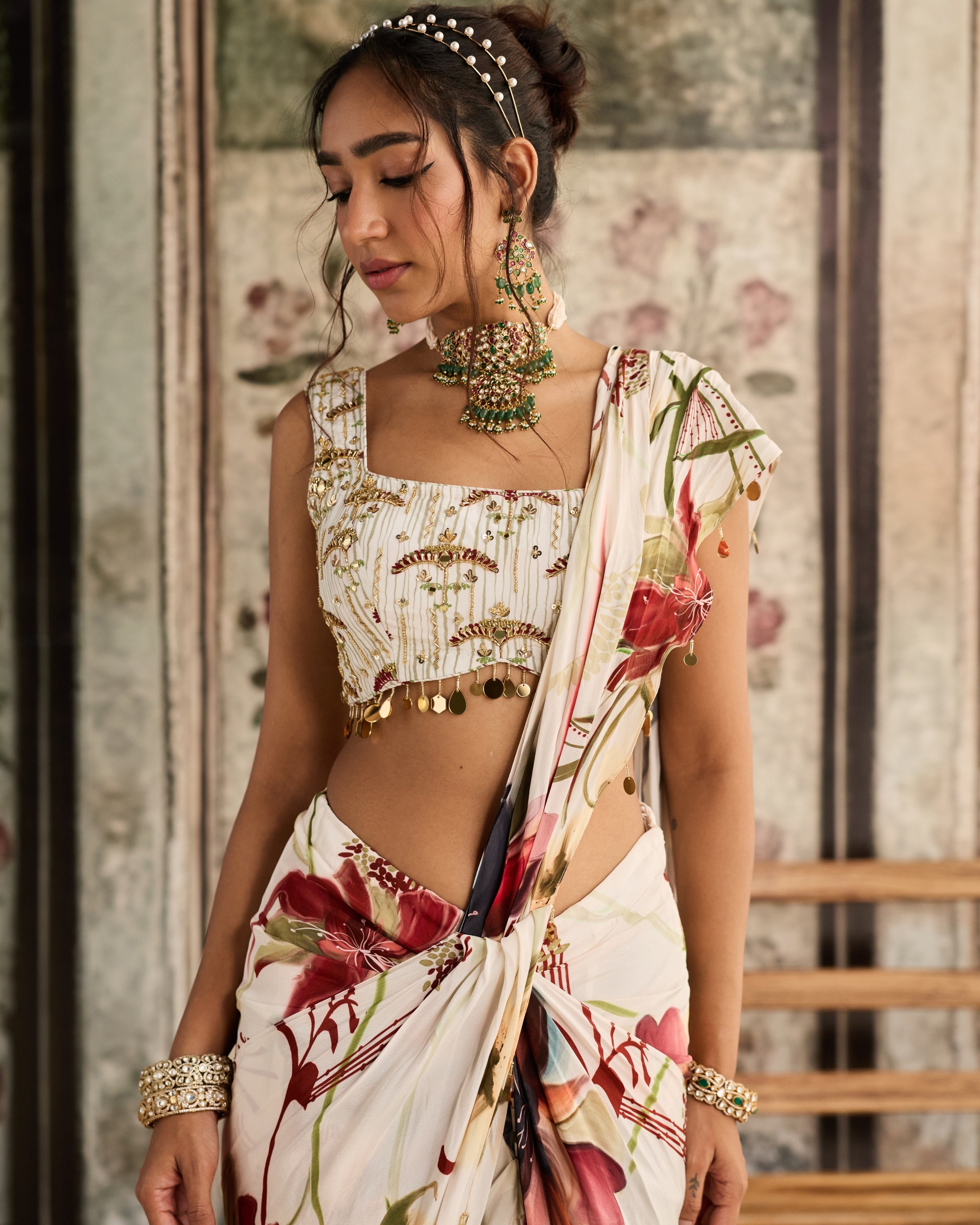 Ivory Floral Printed Drape Skirt Sari Set
