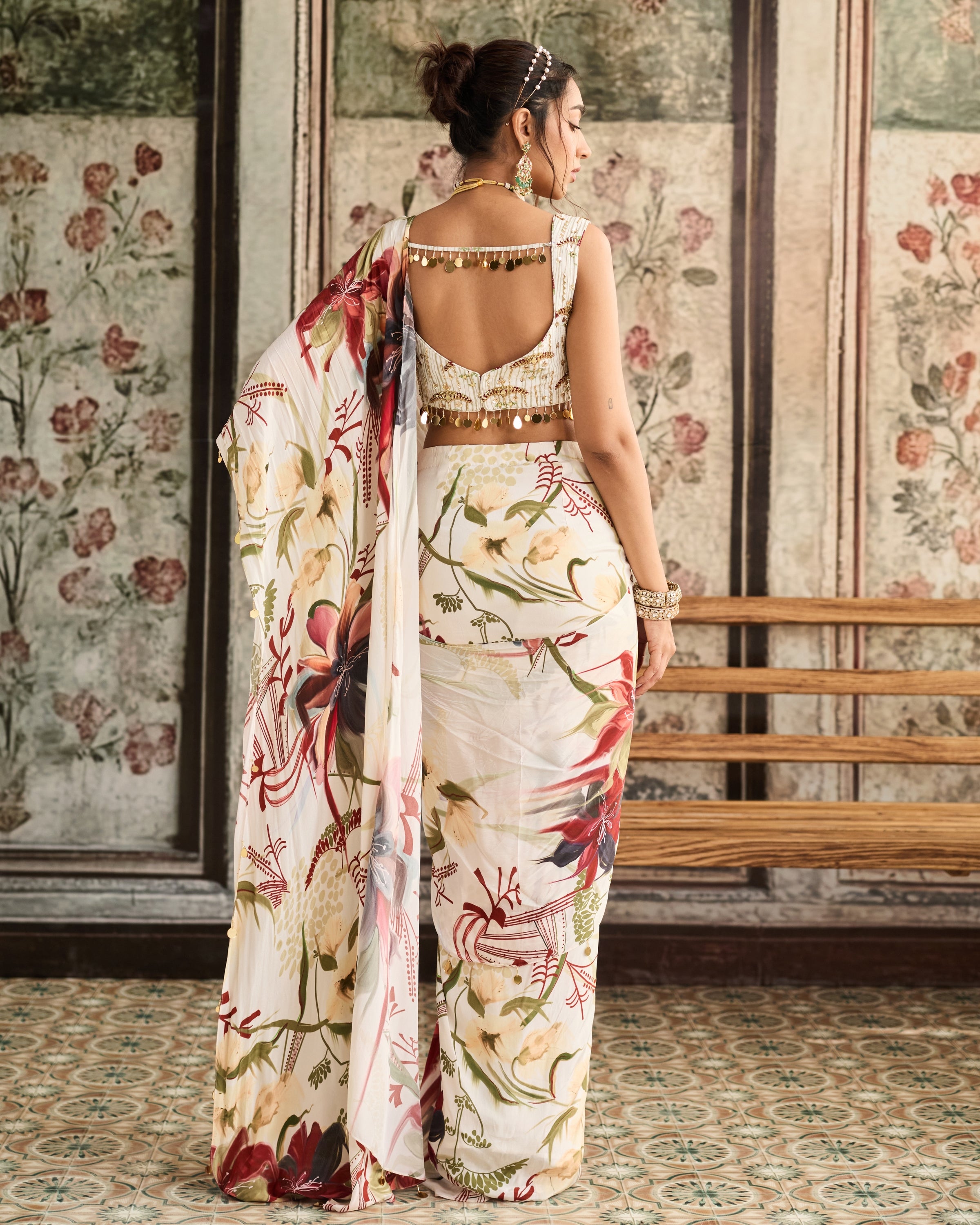 Ivory Floral Printed Drape Skirt Sari Set